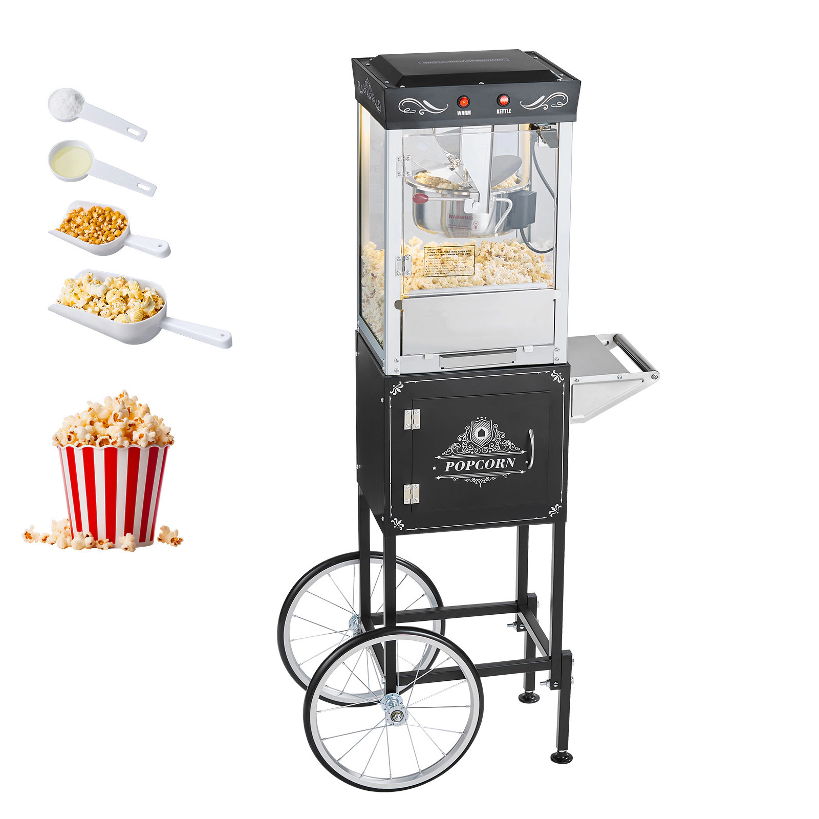 HONGGE Popcorn Machine with Cart 8oz Stainless Steel Kettle 800W Commercial Maker 48 Cups per Batch Theater