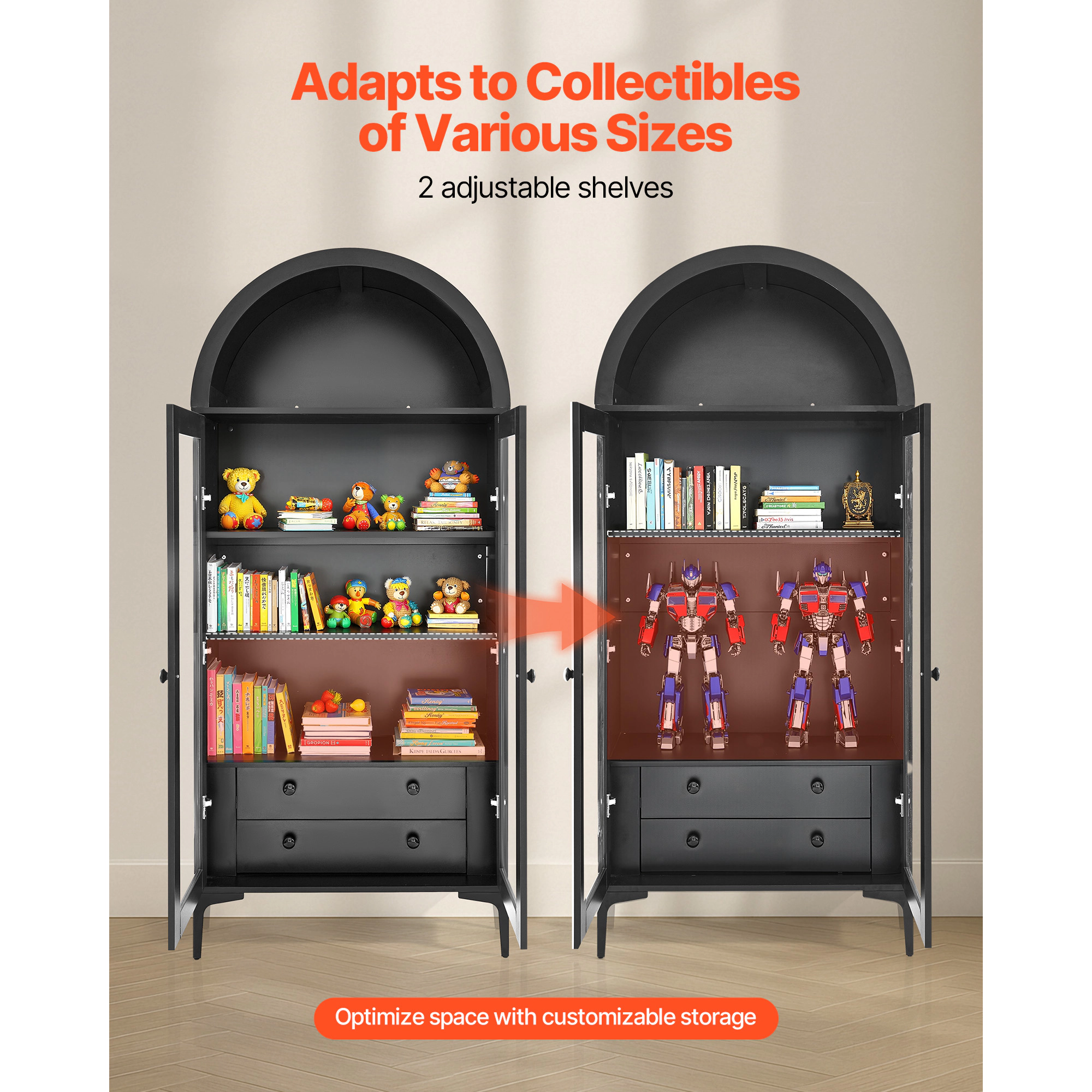 HONGGE Display Cabinet with Glass, 4-Tier Display Case, Storage Cabinet with Adjustable Shelves for Collectibles