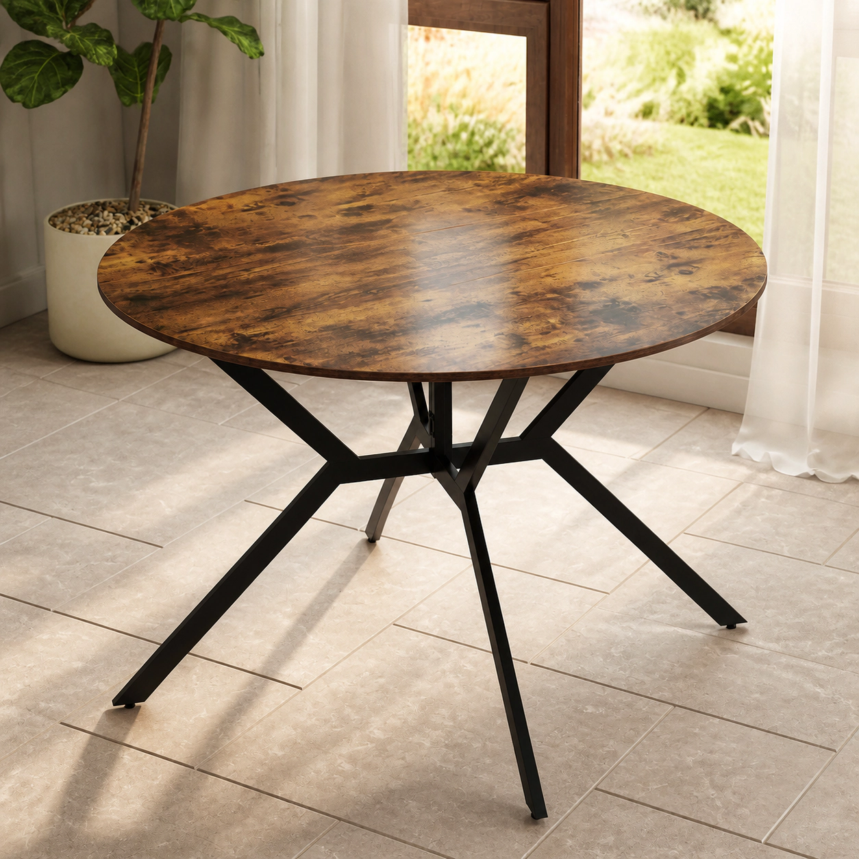 SUGIFT 47-Inch Rustic Brown Round Folding Gateleg Dining Table with Drop Leaves