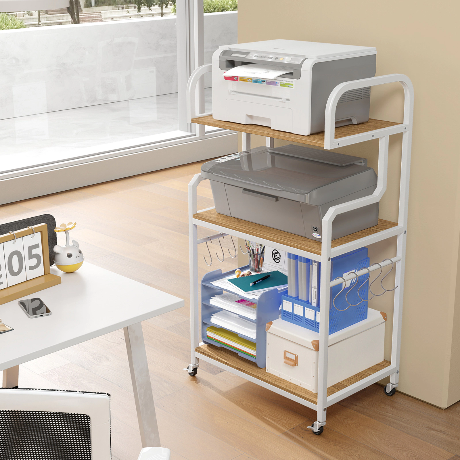 SUGIFT 3-Tier 10 Hanging Hooks Lockable Casters Rolling Printer Cart 24-in x 16-in x 43.5-in 110-lb Shelf Natural