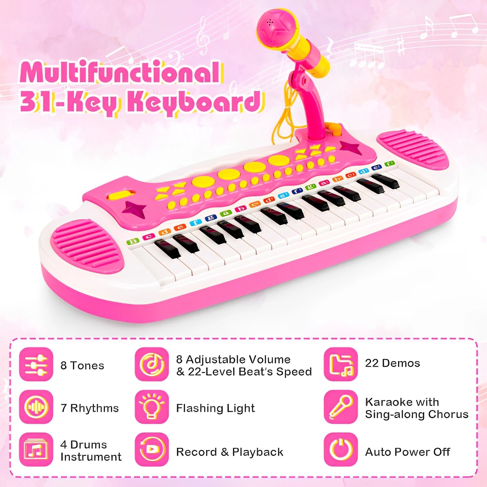 SUGIFT Kids 31-Key Piano Keyboard Toy Adjustable Microphone Stool 22 Demo Songs 8 Tones 18 x 9 x 18-in Ages 3+ Pink