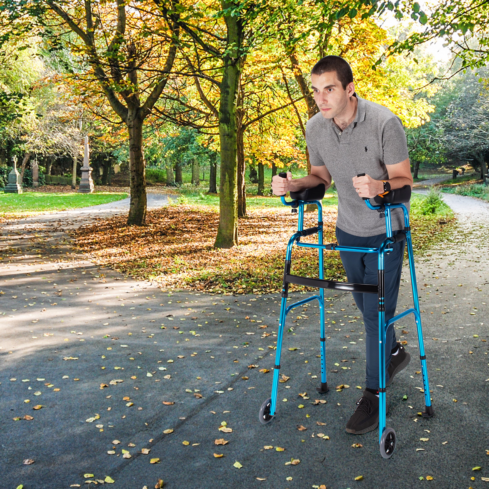 SUGIFT Folding Adjustable Aluminum Wheel Walking Frame 41.5-in Tall 440-lb Capacity Navy/Silver