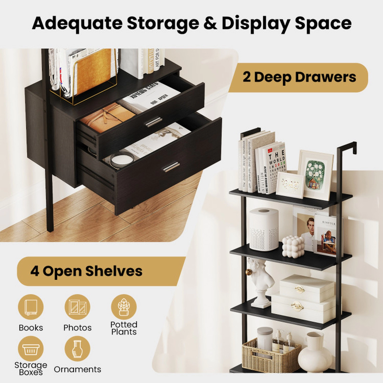 SUGIFT 6-Tier Black 72.5-in Tall Ladder Shelf Bookshelf with 2 Drawers Metal Frame and Raised Legs