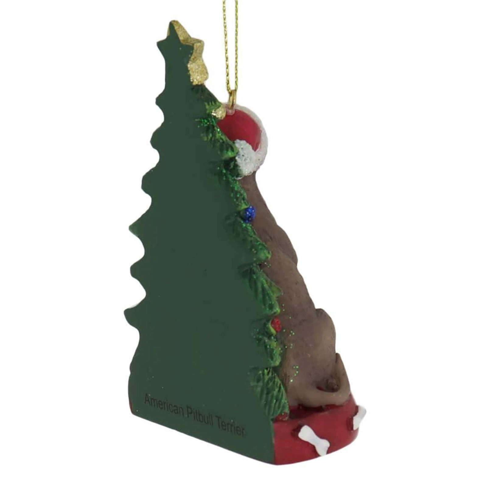 Kurt Adler American Pitbull Dog Sitting by Christmas Tree Wearing Santa Hat Resin Ornament 4.25 inch