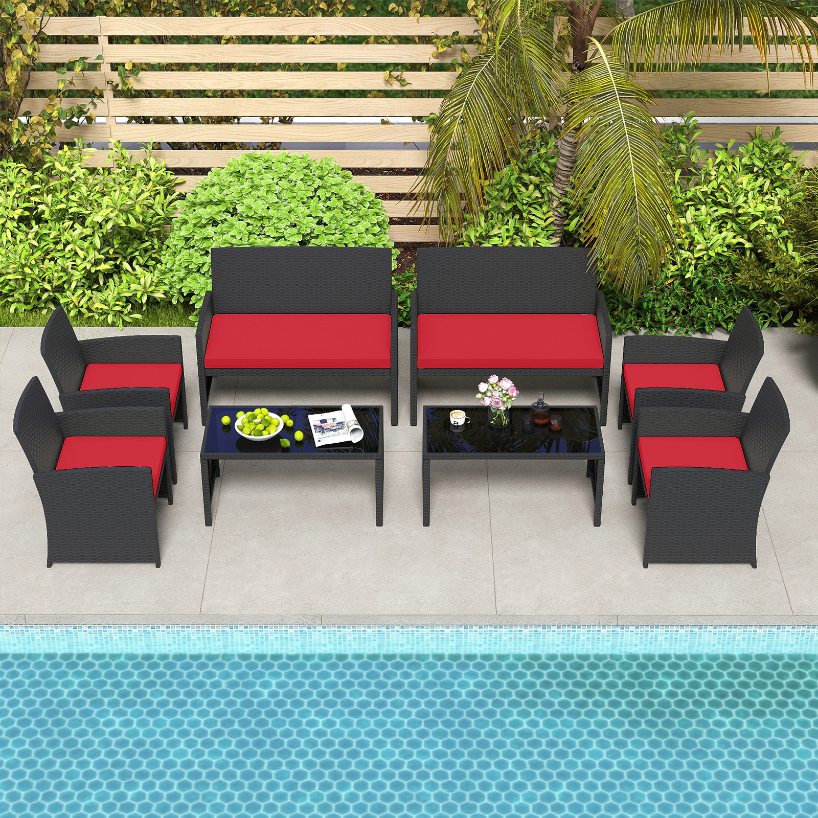 SUGIFT Tempered Glass Tabletop and Rattan Frame 4-Piece Red Cushioned Patio Furniture Set