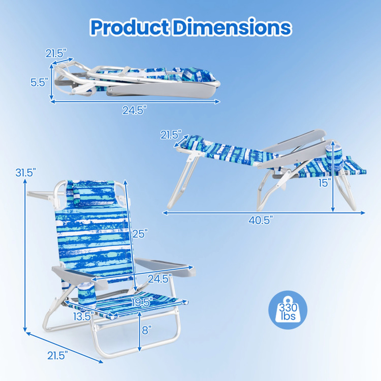 SUGIFT Set of 2 Blue Folding Beach Chairs with Lay-Flat Backrests