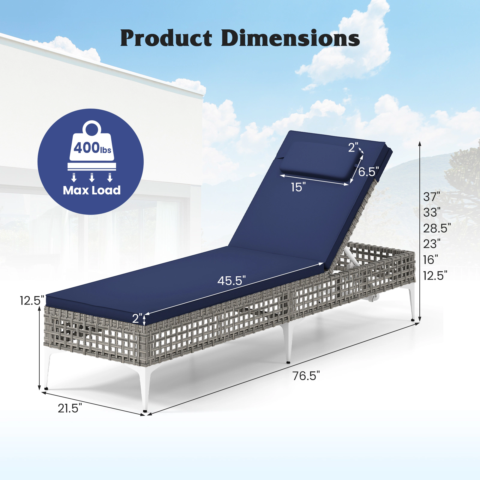 SUGIFT Headrest Mixed Gray Wicker 400-lb Navy Patio Chaise Lounge Chair 6-Level Backrest