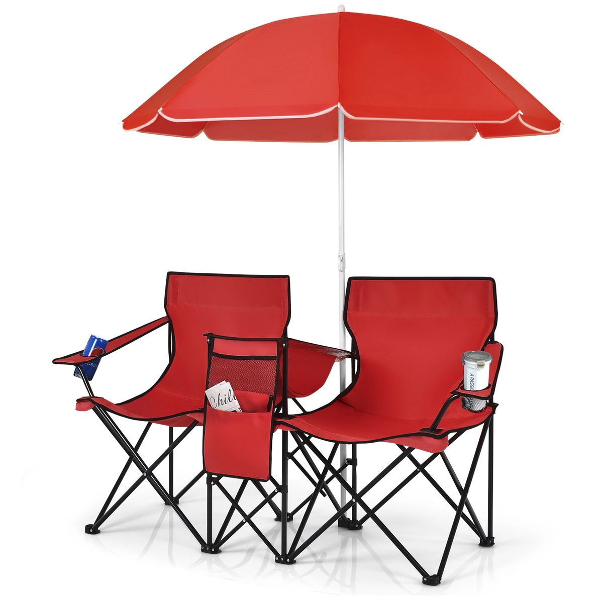 SUGIFT Red Double Folding Picnic Chair with Removable Umbrella and Cooler Bag 63-in W 22-in D 270-lb Per Seat