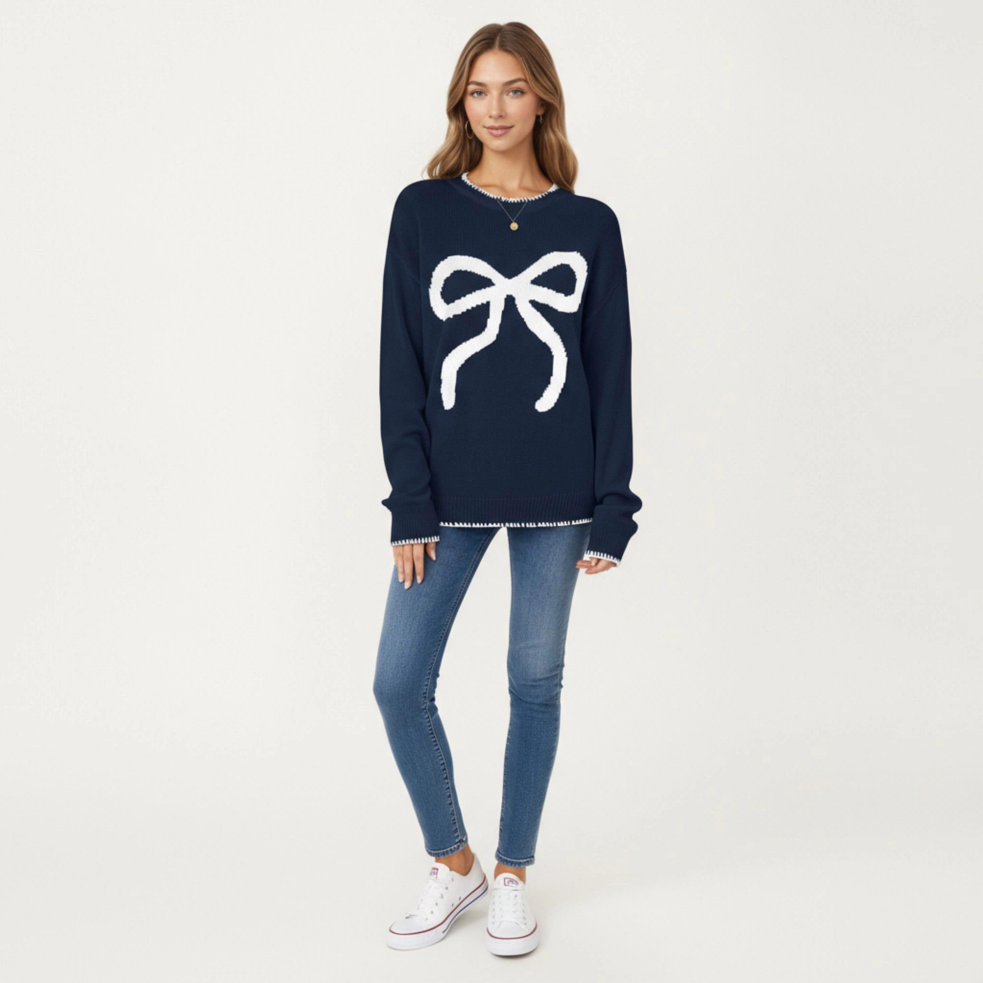 Anna-Kaci Women's Crew Neck Knit Sweater with Large Bow Graphic Design