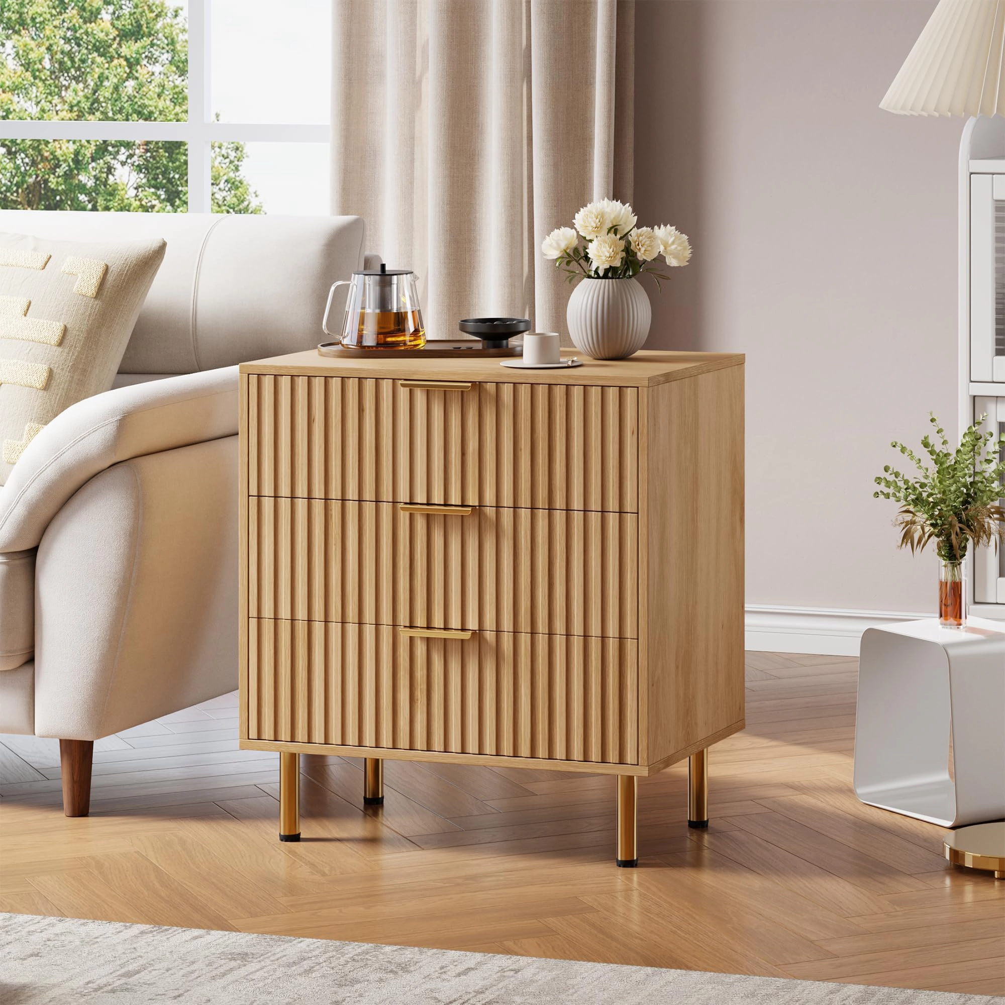 Fluted 3 Drawer Dresser Nightstand, Wooden Storage Side Table for Bedroom Living Room Hallway