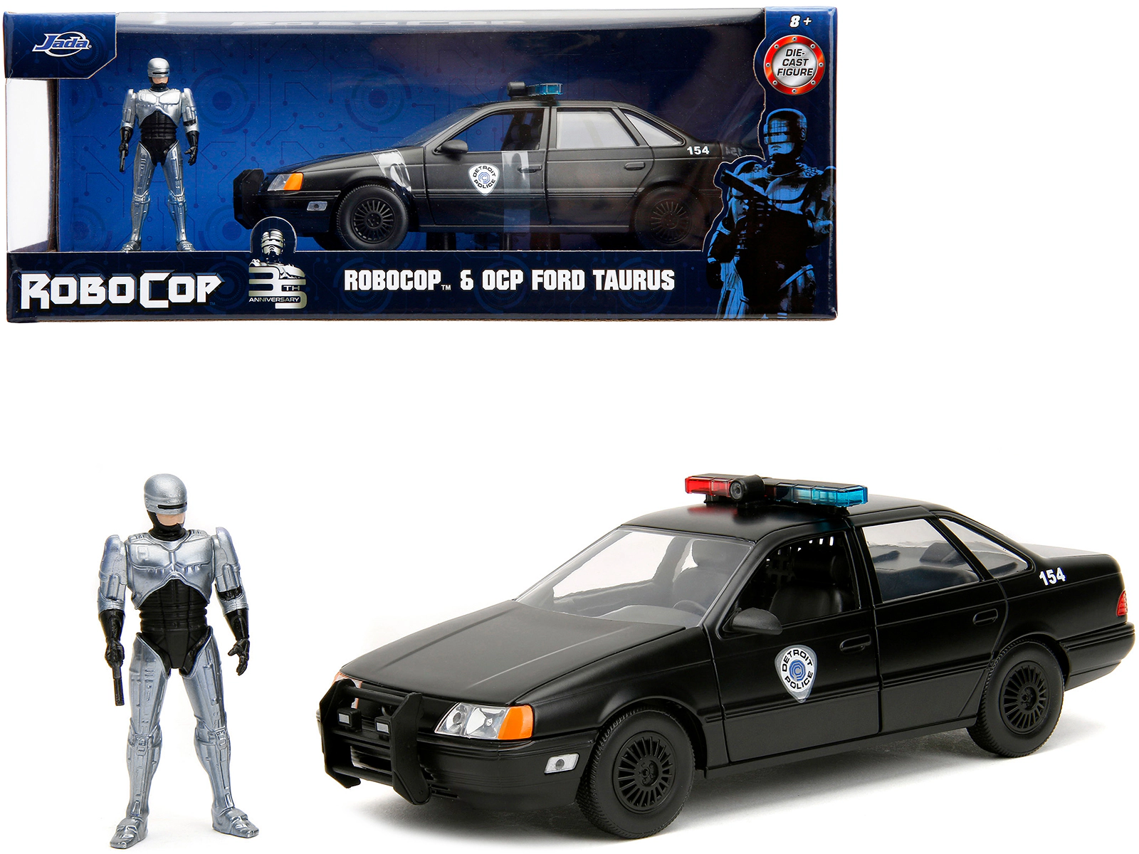 Jada Collectible Ford Taurus Ocp Matt Black "Detroit Police" And Robocop Diecast Figure 35Th Anniversary (1987)