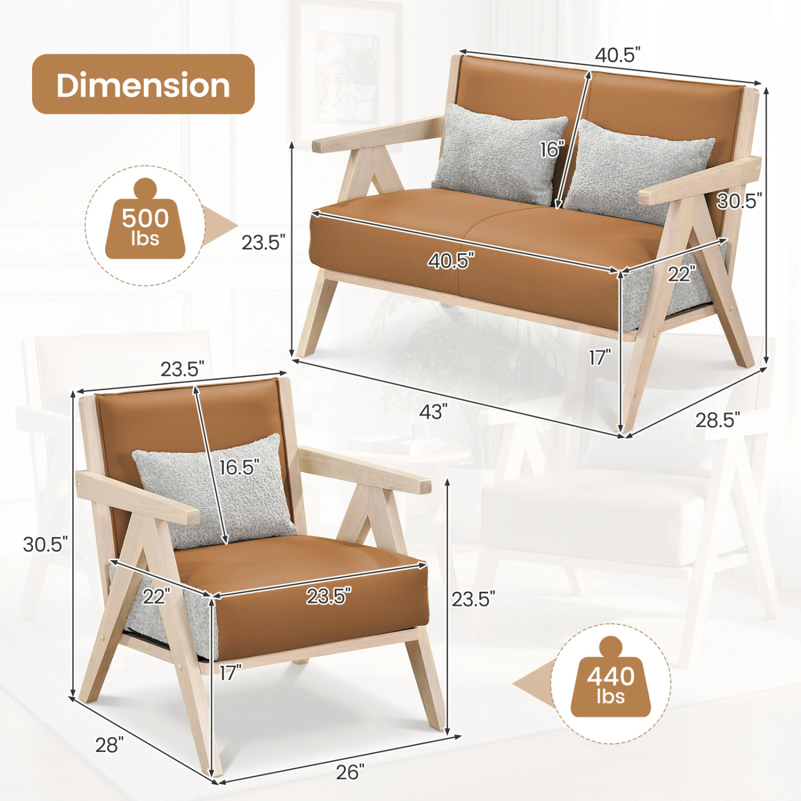 SUGIFT 2-Piece Brown Chenille Loveseat and Armchair Set with Wood Frame