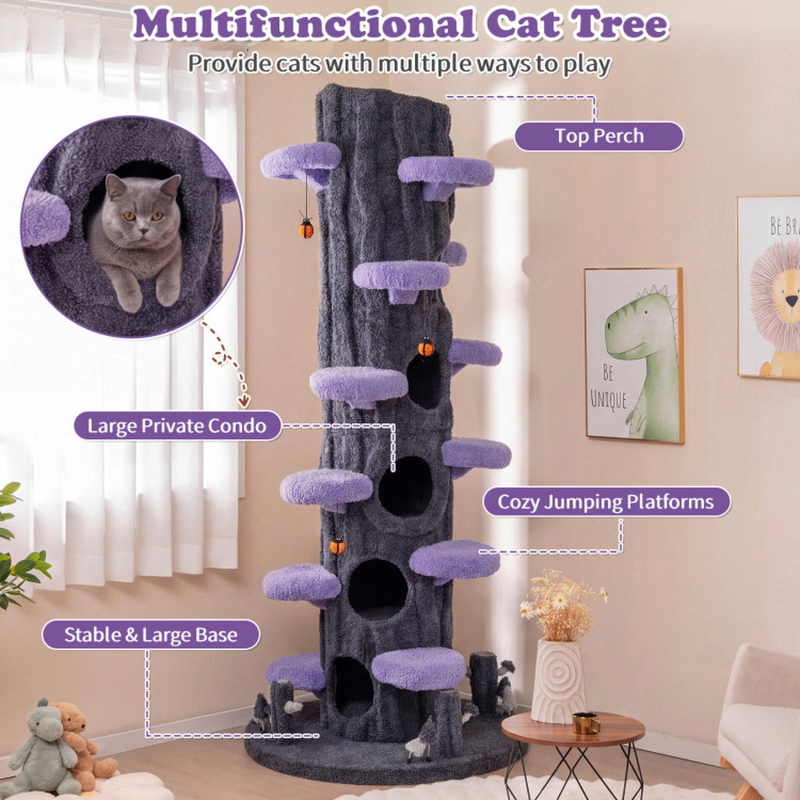 SUGIFT Purple 90.5-in Tall Multifunctional Cat Tree with Private Condos and Sisal Scratching Panel