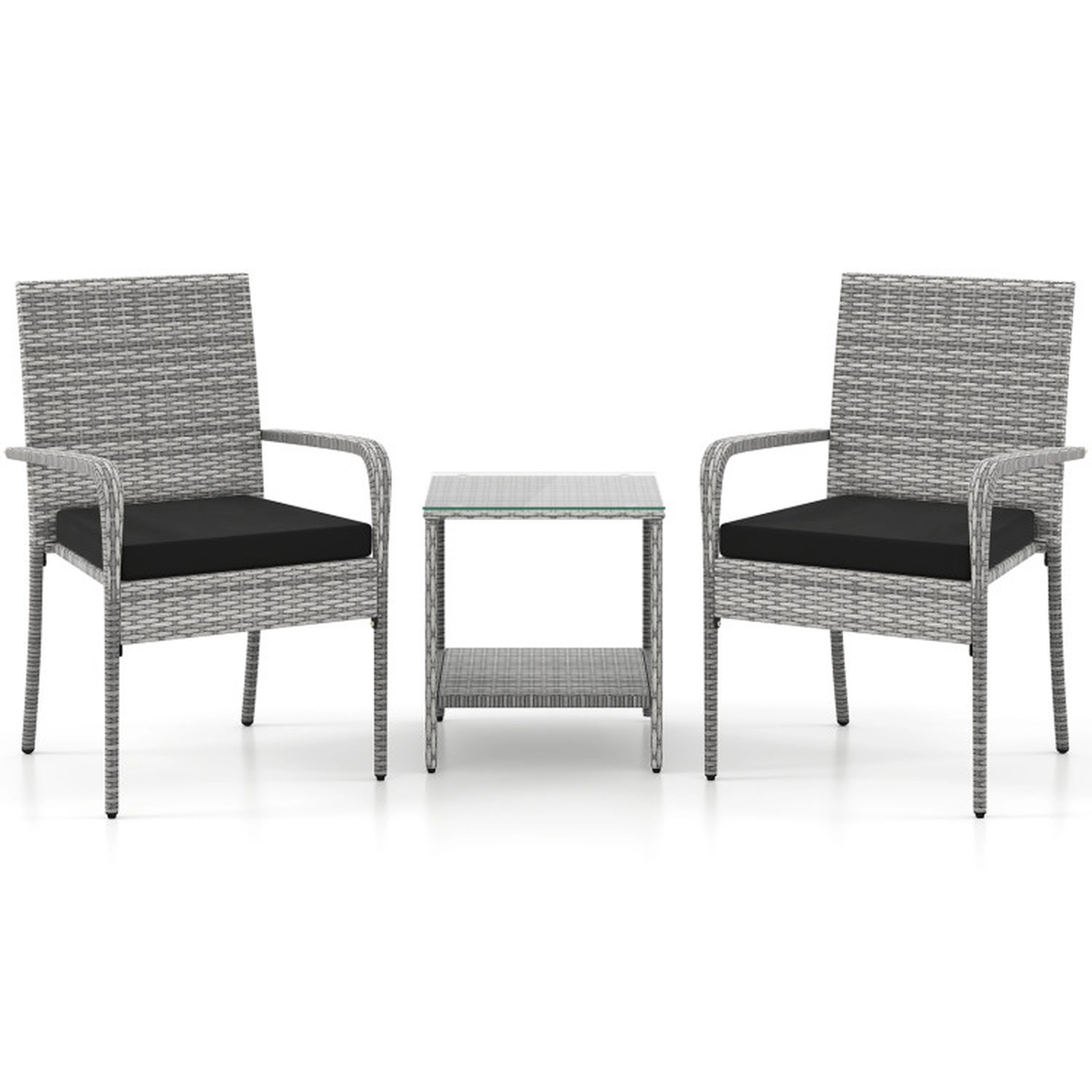 SUGIFT Black Cushions and Glass Side Table 3-Piece Patio Rattan Balcony Chair Set