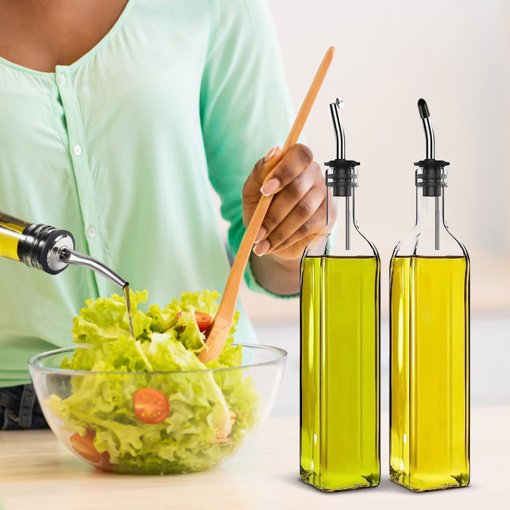 Cheer Collection 2 Pack Glass Olive Oil Dispenser Set 17oz with Funnel Brush