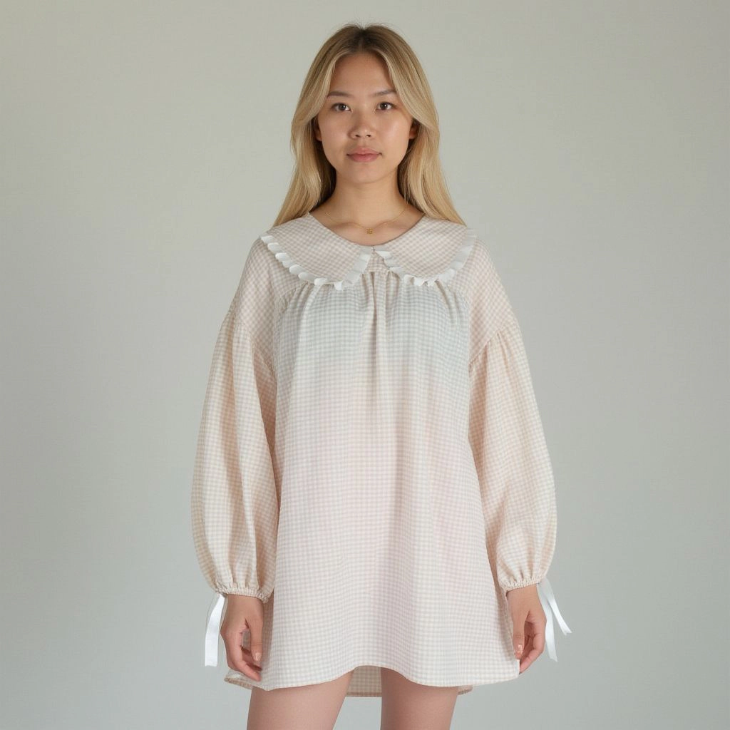 Anna-Kaci Women's Gingham Peter Pan Collar Ribbon Trim Nightgown