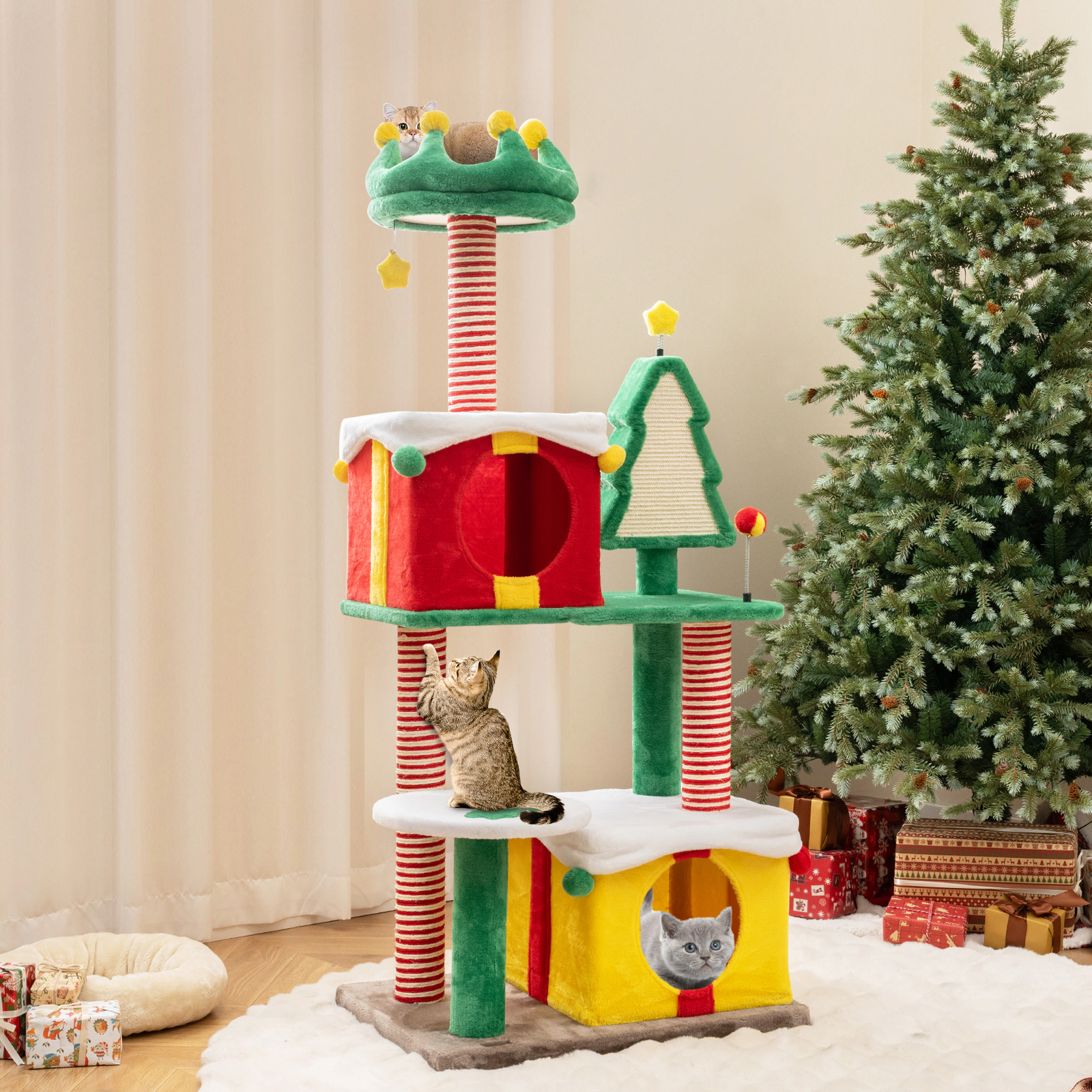 SUGIFT 61-in Christmas Cat Tree Tower with 2 Gift Box Condos Hat Perch Sisal Carpet and Bell Toys