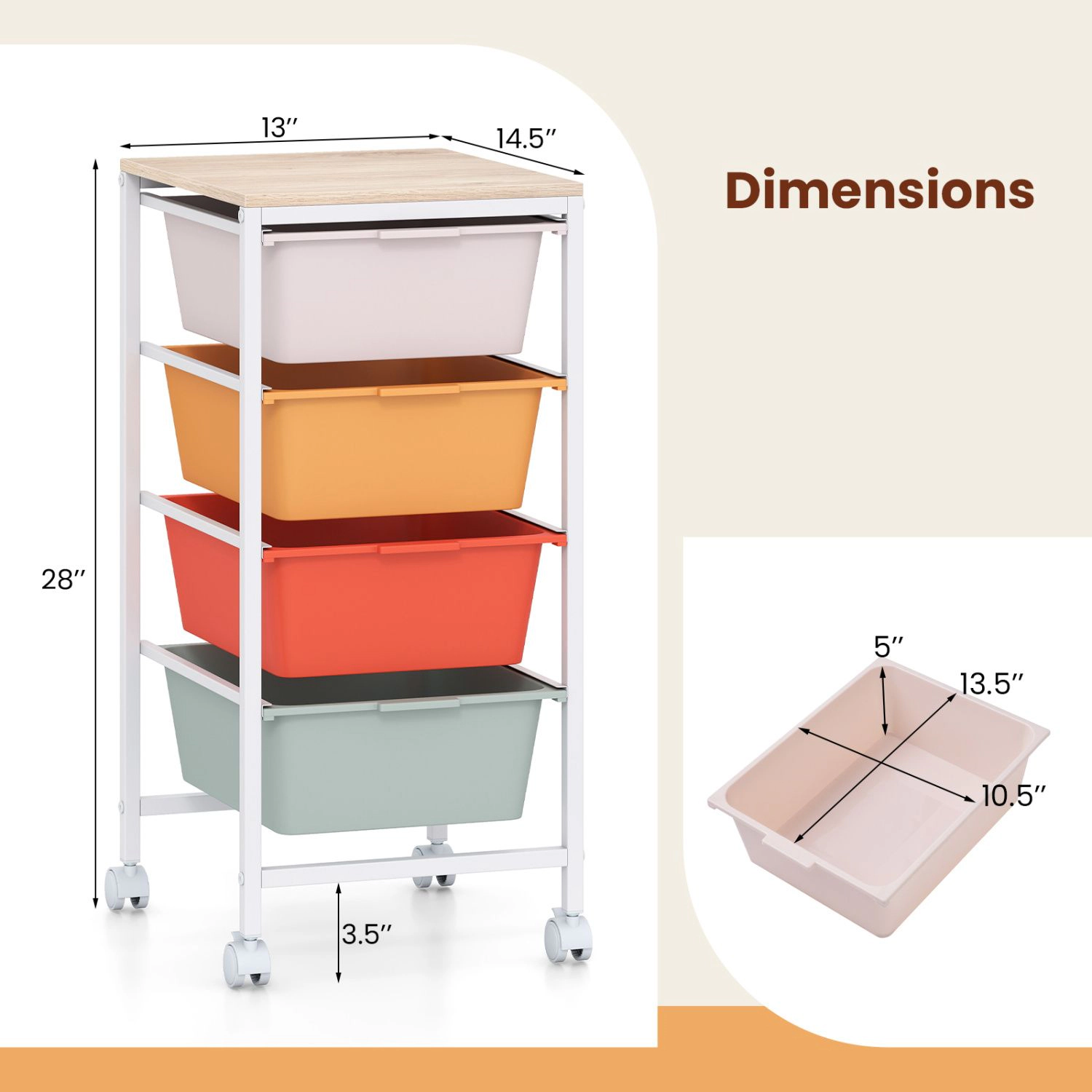 SlickBlue 4 Drawer Rolling Storage Cart with Wooden Top for Office Home Organization