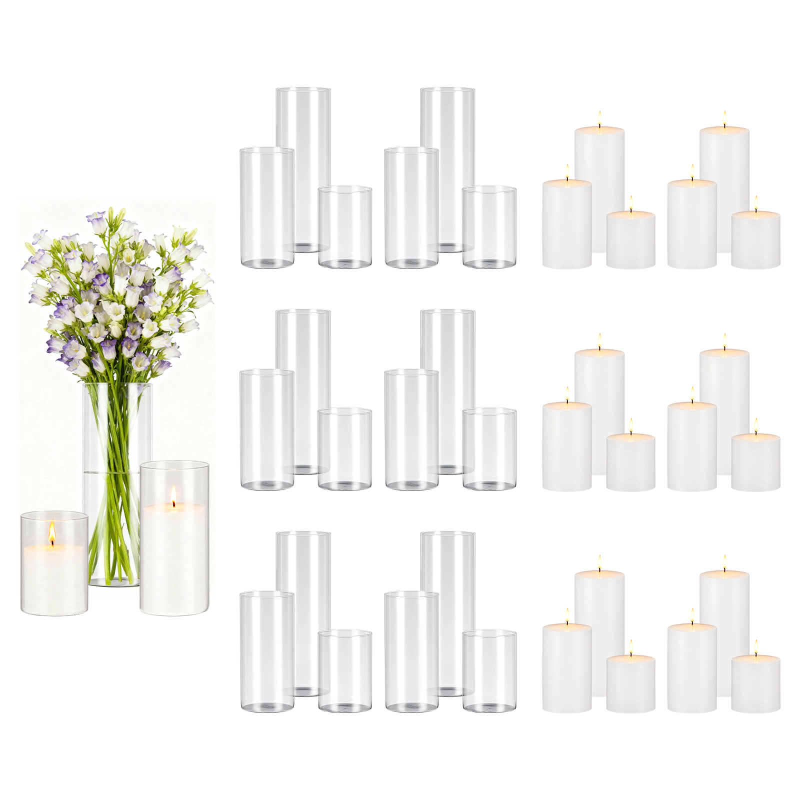 HONGGE Pillar Candles and Glass Vases Set Clear Cylinder Hurricane Candle Holders for Wedding Centerpieces Tall Vase
