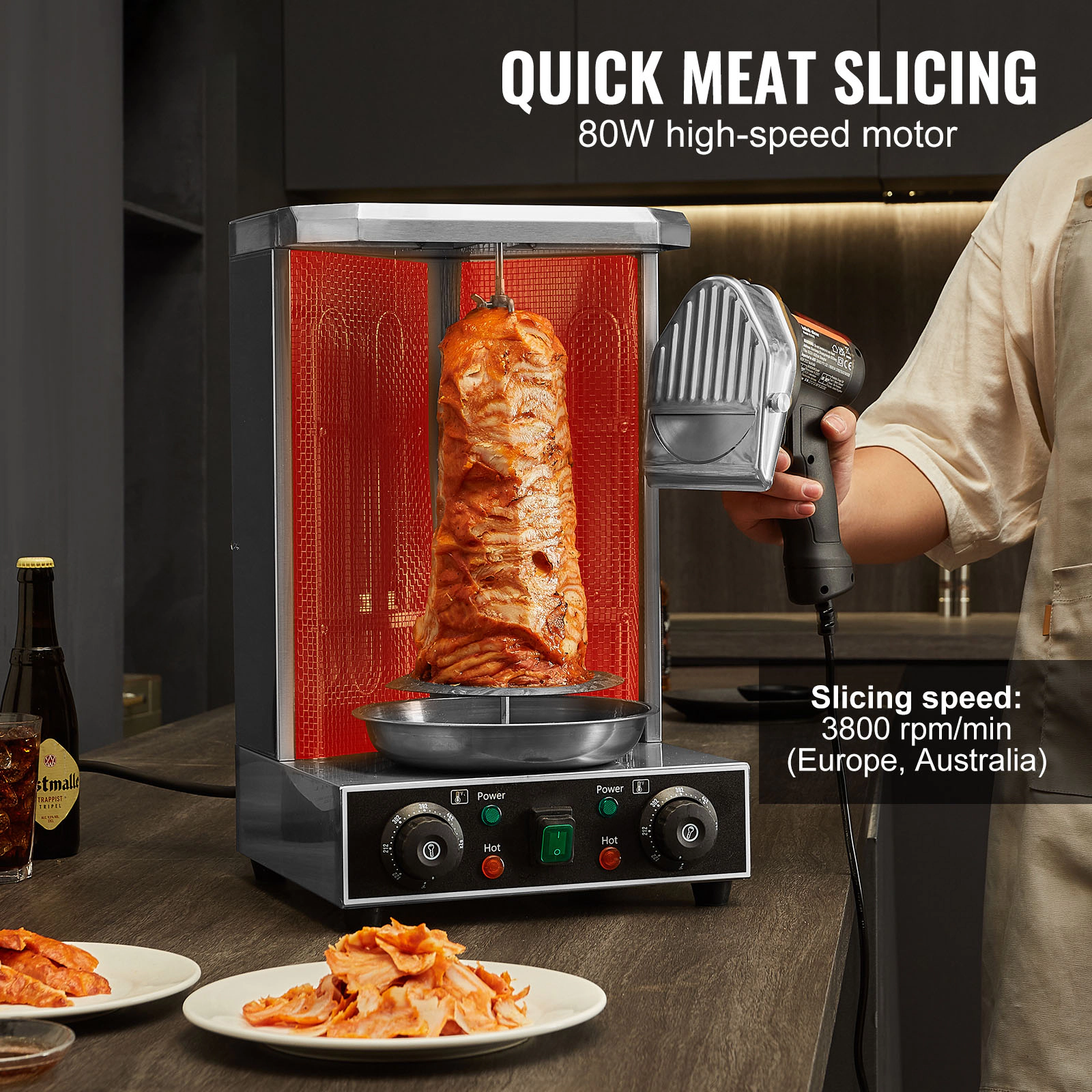 HONGGE Professional Electric Shawarma Knife 80W Commercial Stainless Steel Gyro Cutter with 2 Blades