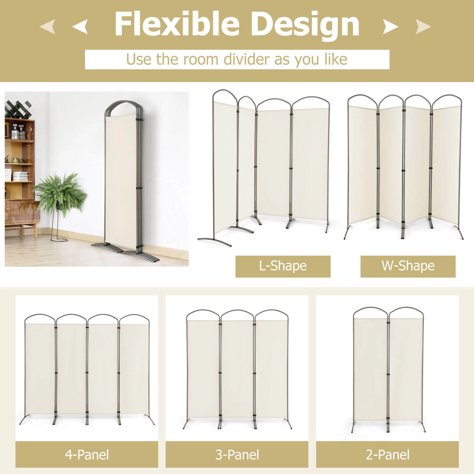SUGIFT 6.2-ft Folding 4-Panel Polyester Room Divider with Curved Metal Base 87-in Wide 18.5-lb Net Weight White
