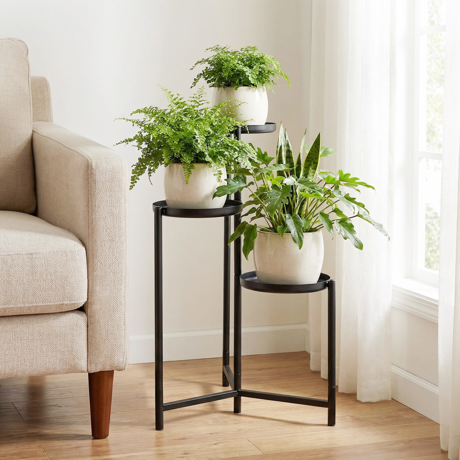Slickblue 3-Tier Metal Corner Plant Shelf with Round Trays Black Plant Stand