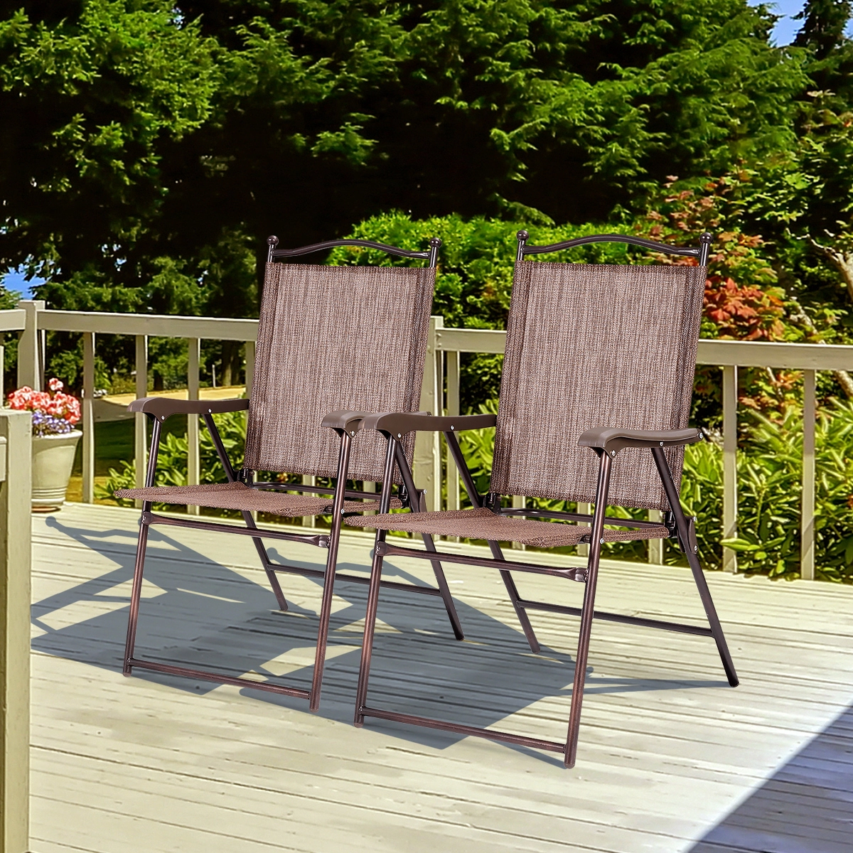 SUGIFT Set of 2 Patio Folding Sling Back Camping Deck Chairs 264-Lb Capacity 36-in Tall Brown