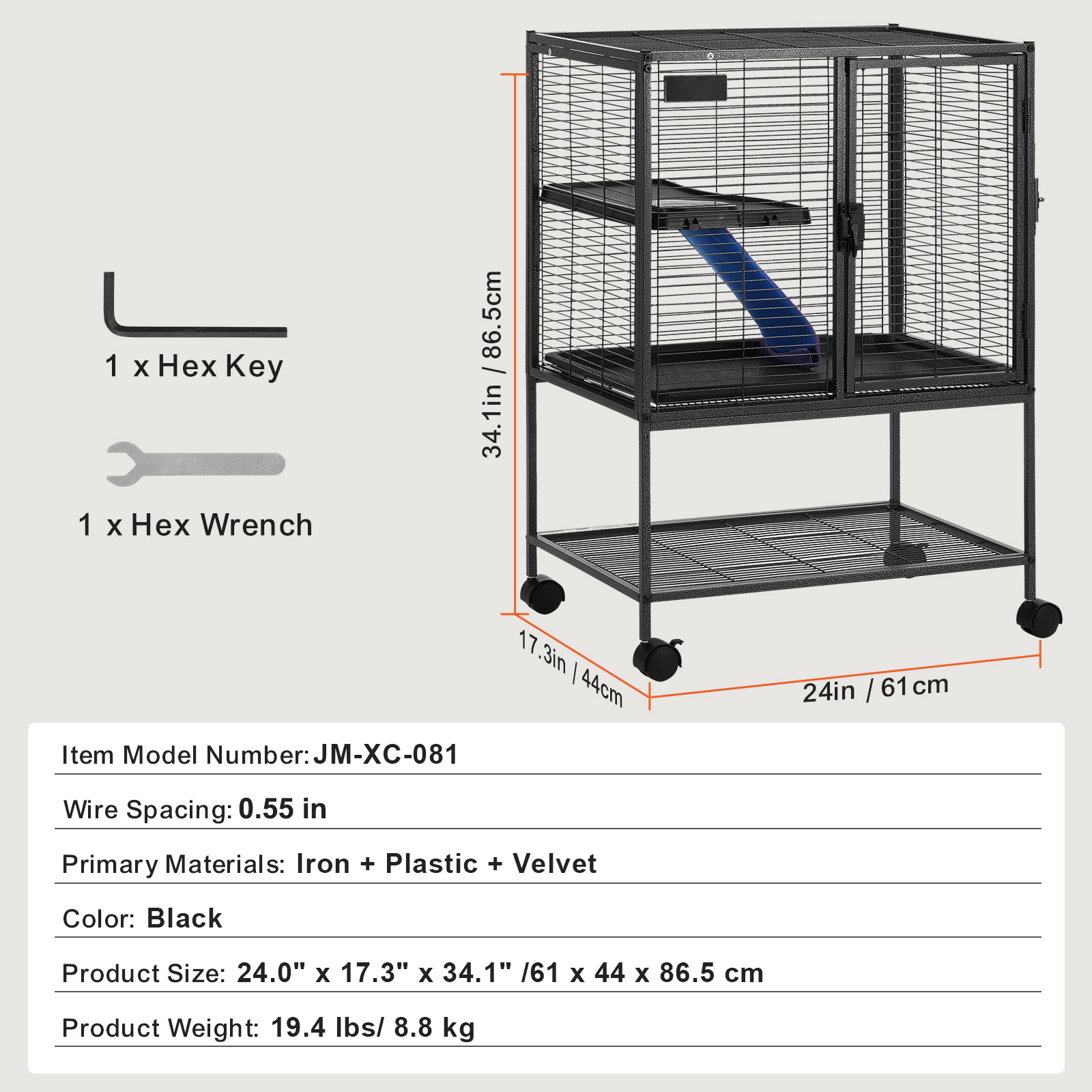 HONGGE Rolling Metal Ferret Cage Large Cage Small Animal Cage with Ramps & Tray Easy to Set up for Pet Rats Hamster