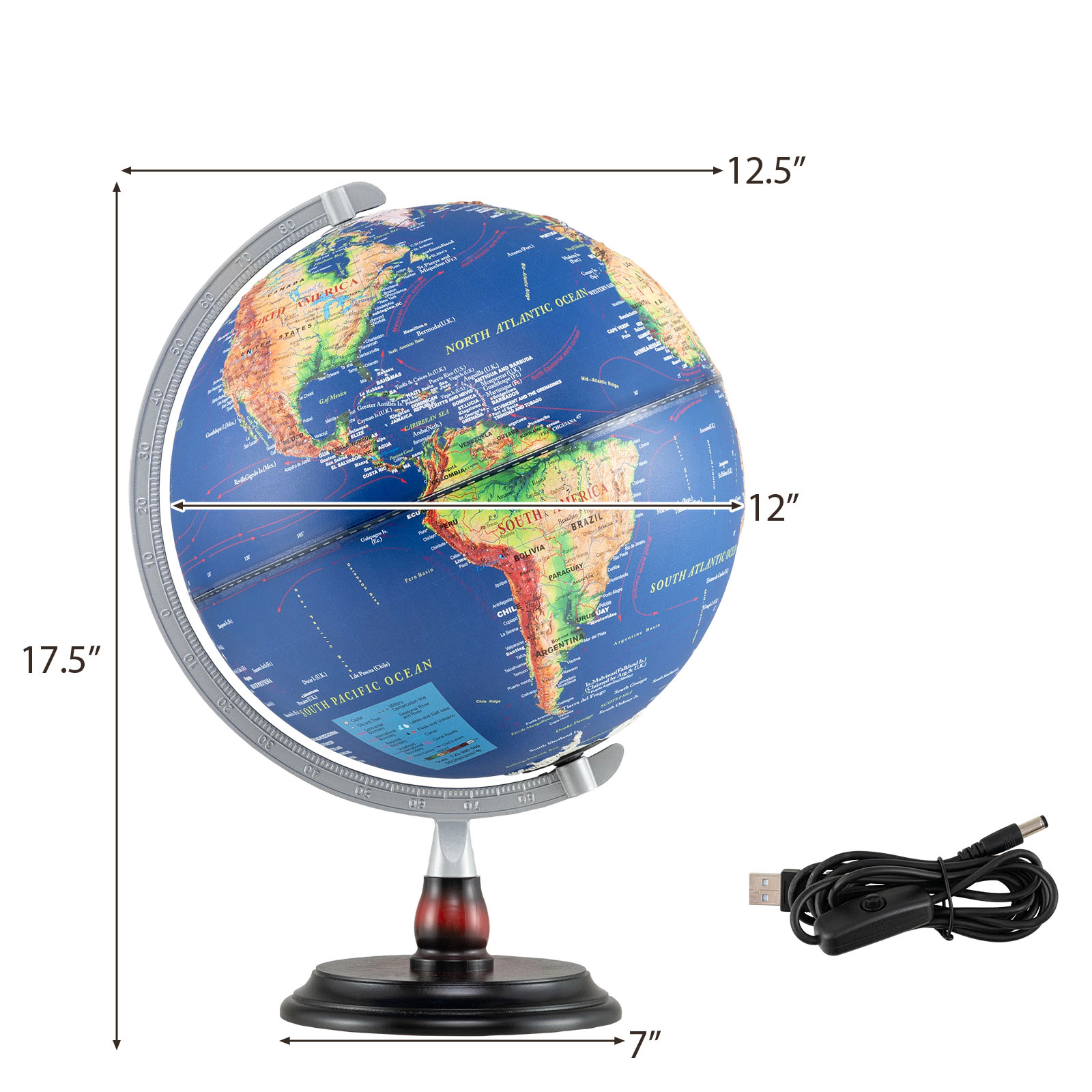 SUGIFT Kids Embossed LED Illuminated Time Dial Antique World Globe 12-in Diameter 12.5-in x 12.5-in x 17.5-in Navy