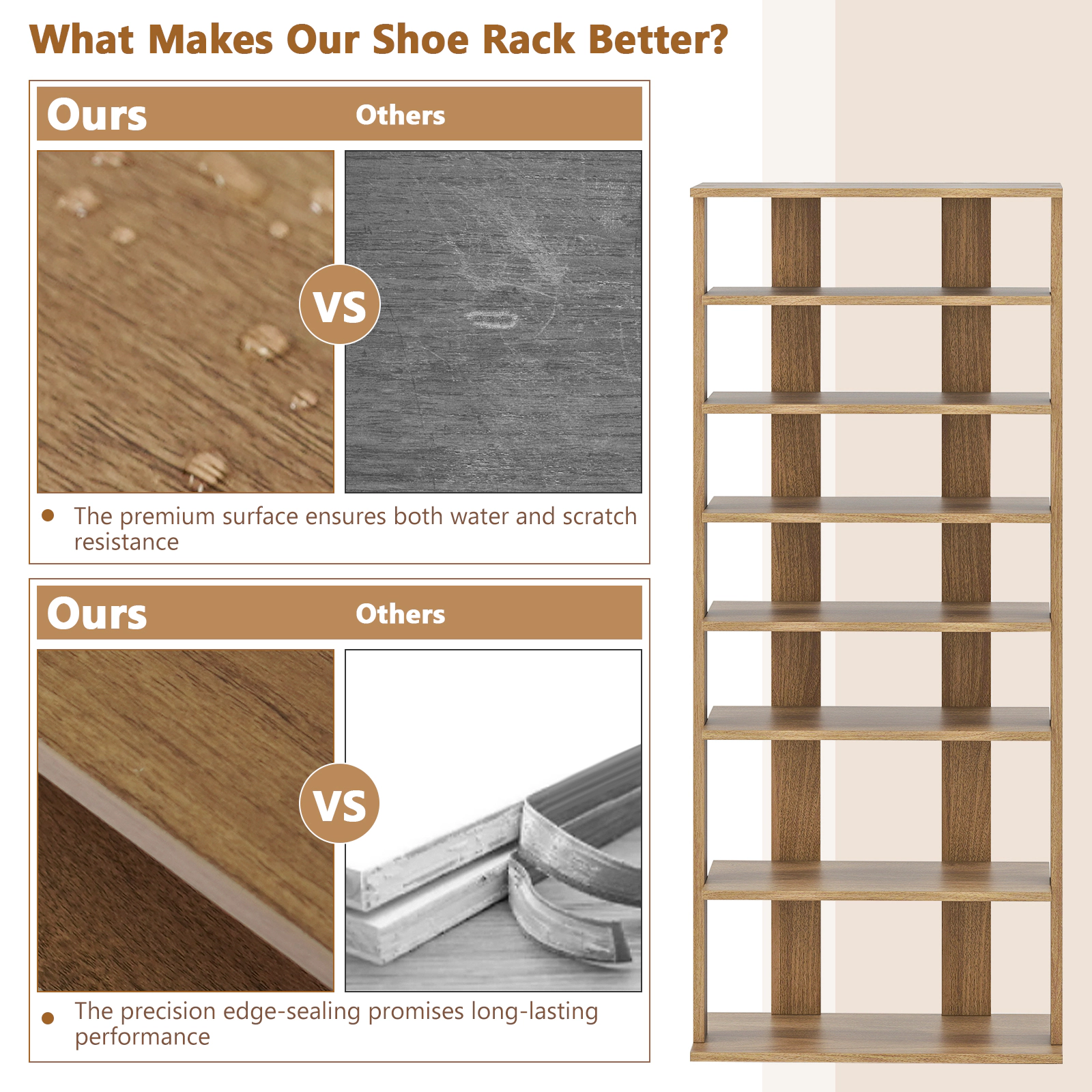 Glintex 7-Tier Slim Shoe Tower with Double Rows and Non-Slip Foot Pads, Natural
