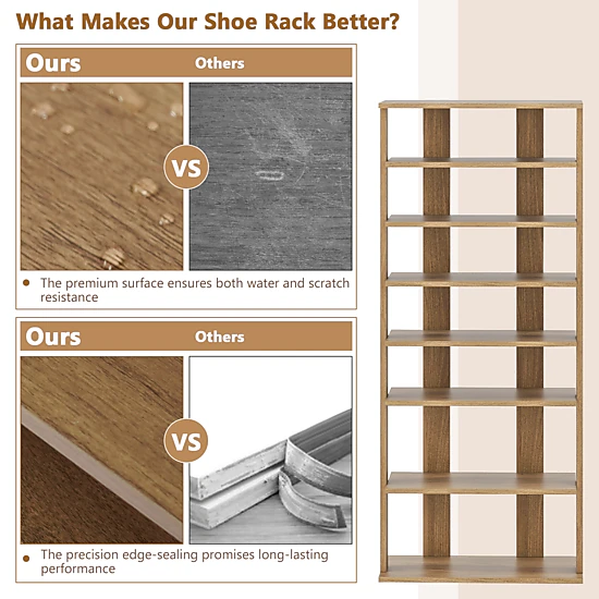 Glintex 7-Tier Slim Shoe Tower with Double Rows and Non-Slip Foot Pads, Natural