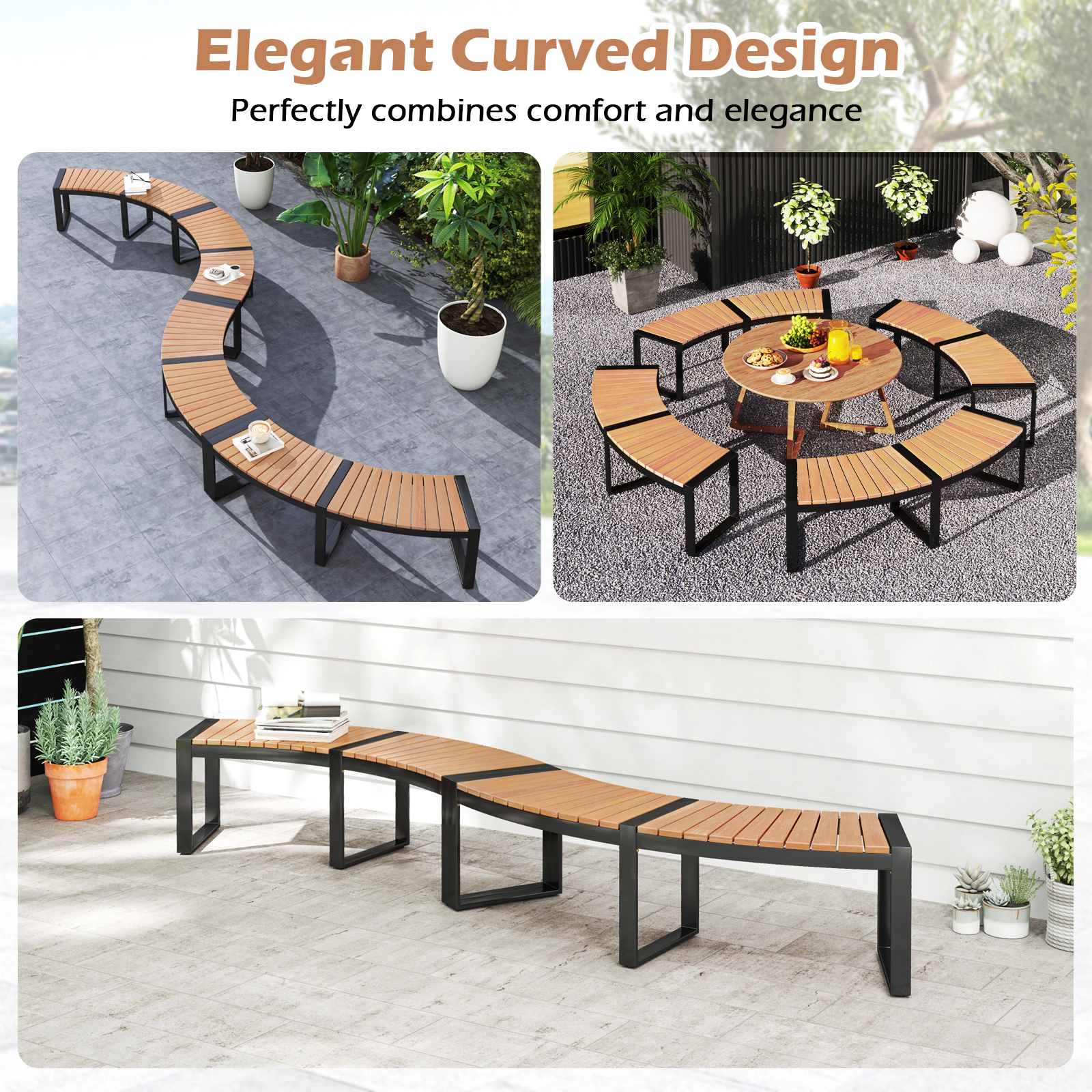 SUGIFT Curved Acacia Wood Patio Bench with Slatted Seat and Metal Legs 800-Lb Capacity Yellow Black