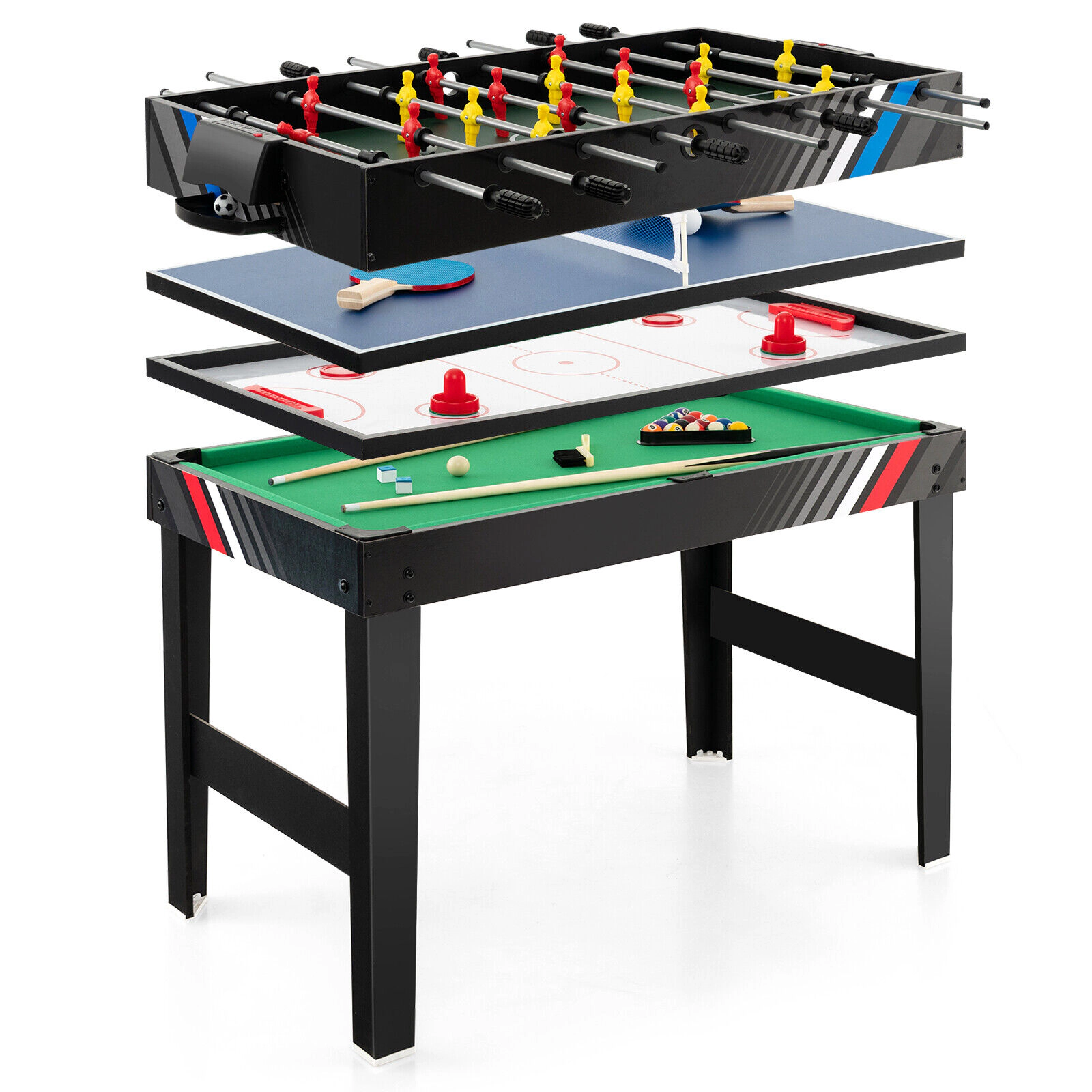 SUGIFT Black 4-in-1 Multi Game Table with Pool Foosball and Hockey Surfaces 49-in W 38-in D 32.5-in H