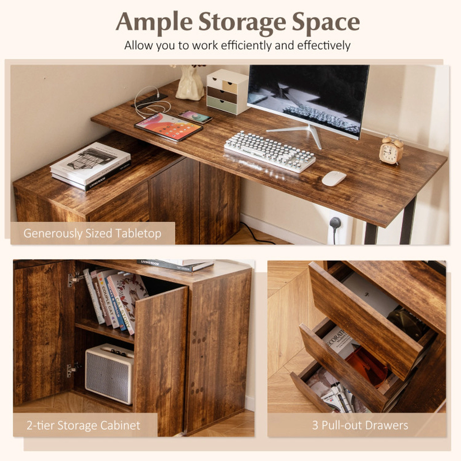SUGIFT 220-lb Capacity Rustic Brown Reversible L-Shaped Desk with File Cabinet 3 Drawers and Power Outlet
