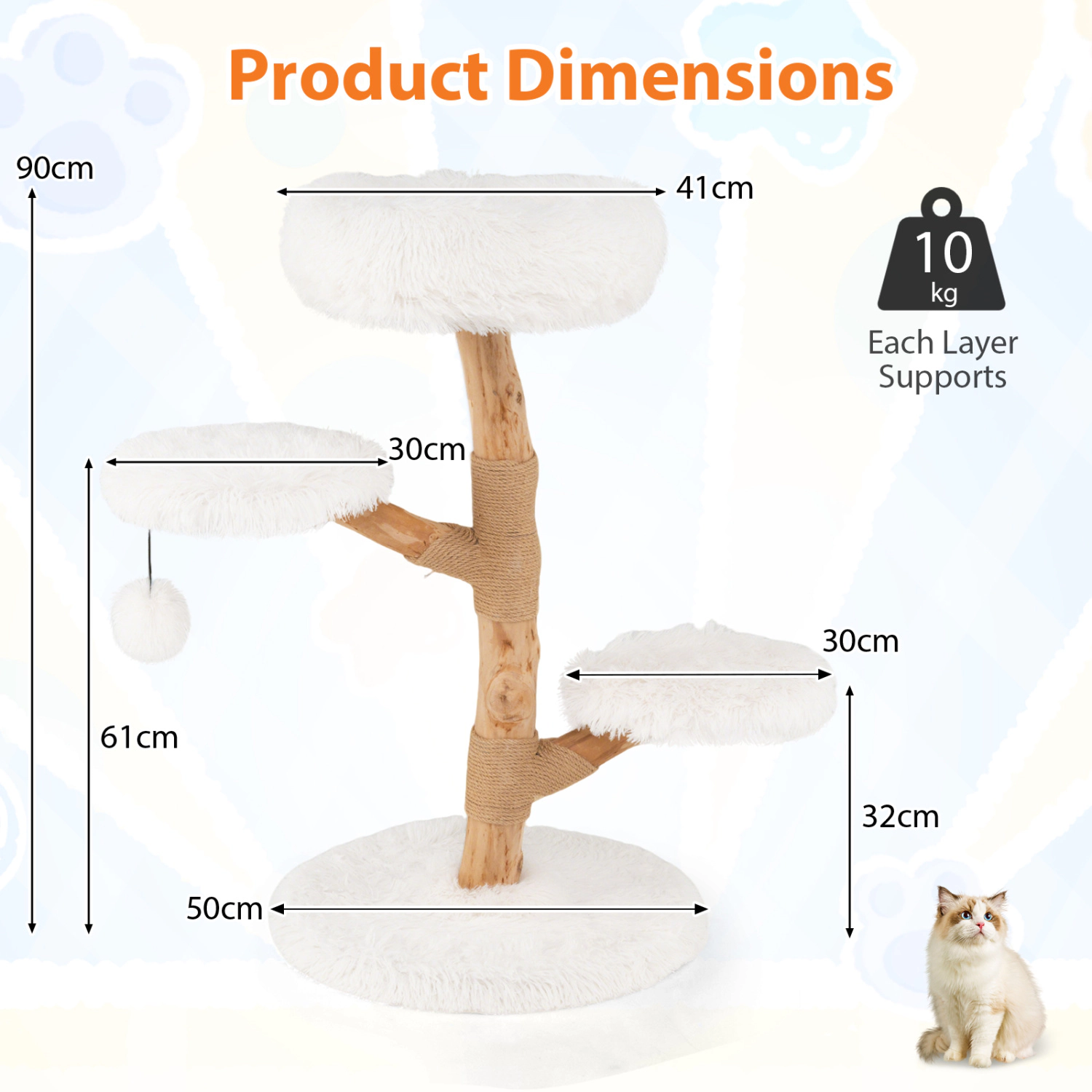 SUGIFT White Solid Pear Wood Cat Tree with 16 in Perch and Natural Jute Posts