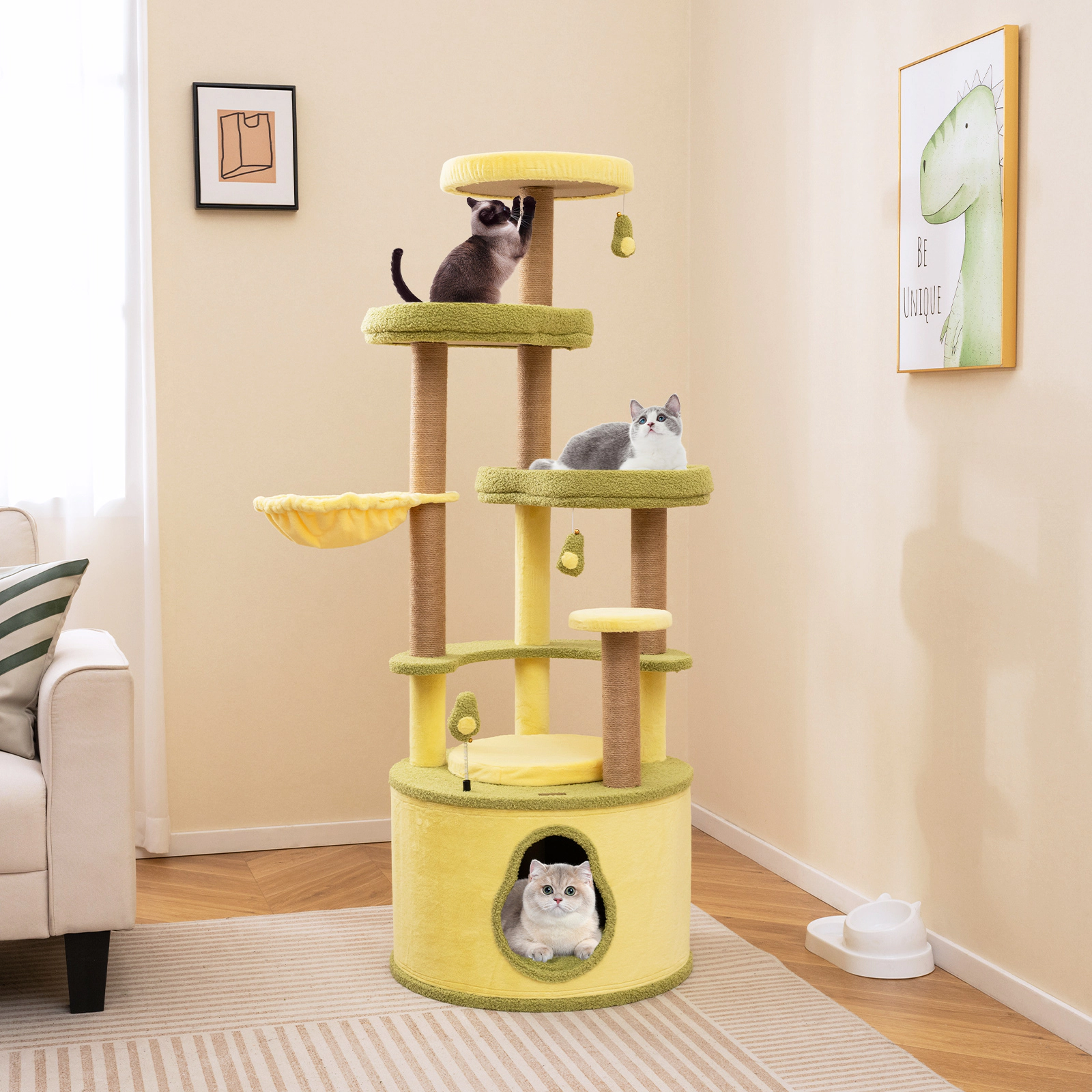 Glintex 62.5-Inch Avocado Cat Tower with 2-in-1 Base and Rotatable Basket, Green