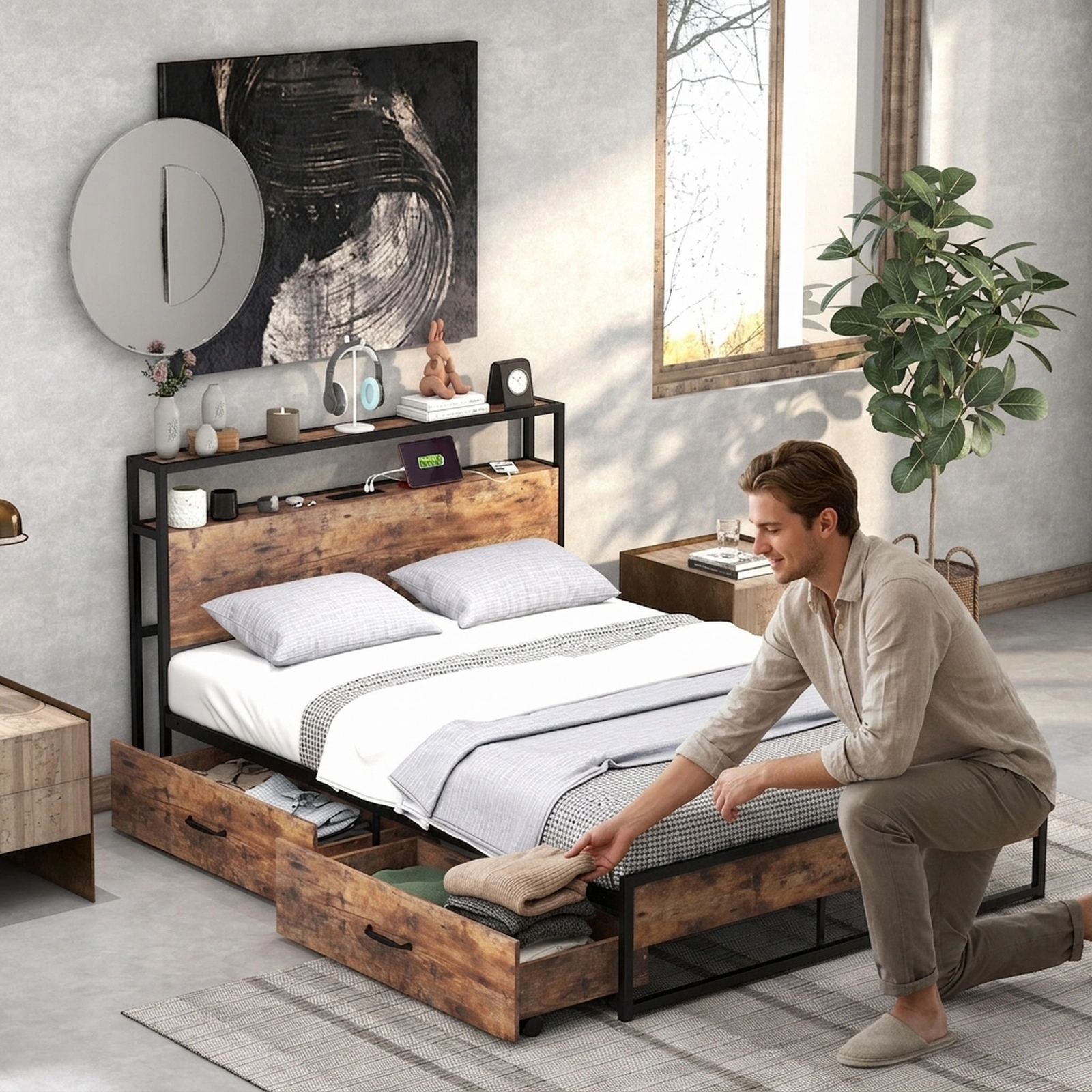 SUGIFT Full Size Metal Platform Bed with Storage Headboard, Charging Station and 2 Drawers, Rustic Brown