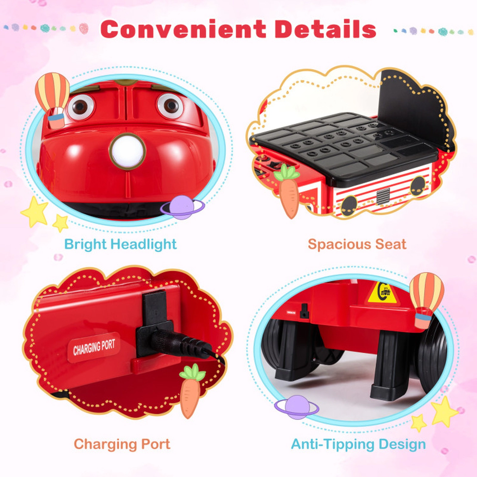 SUGIFT 12V Red Kids 2-Seater Ride-On Train with Adjustable Seat Music and Hidden Storage 135-lb Total Rider Capacity