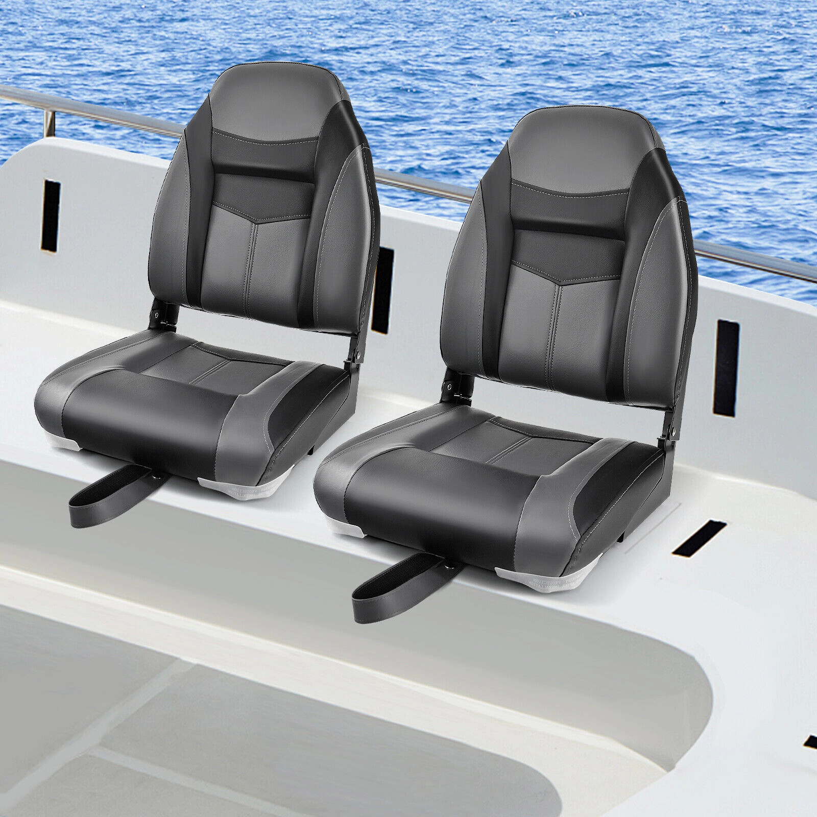 SUGIFT Black High Back Folding Boat Seat with Aluminum Hinges 17.5-in W 20-in D 24-in H 250-lb Chair Capacity