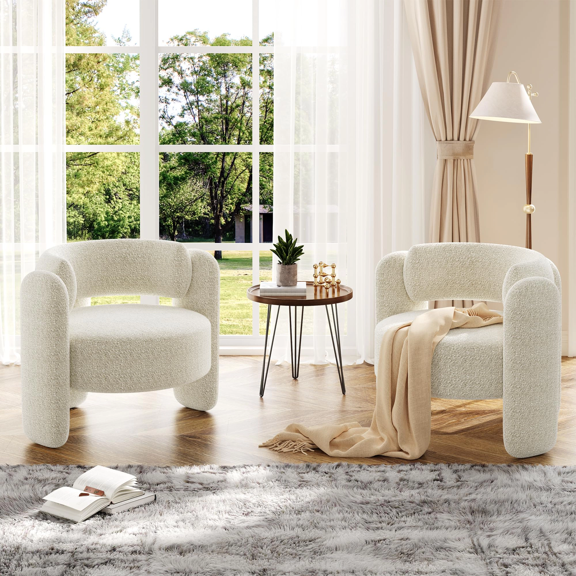 BebreezChic Modern Barrel Accent Chair Set of 2, Mid-Century Upholstered Chairs with Round Armrests & Open Back