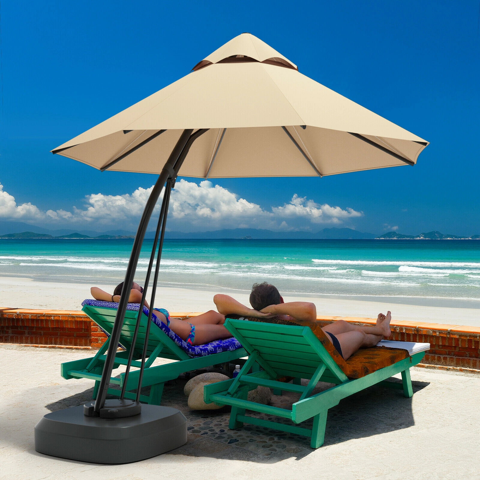 SUGIFT 11-ft Beige Offset Cantilever Patio Umbrella with Rolling 330-lb Weighted Base and 360 Rotation