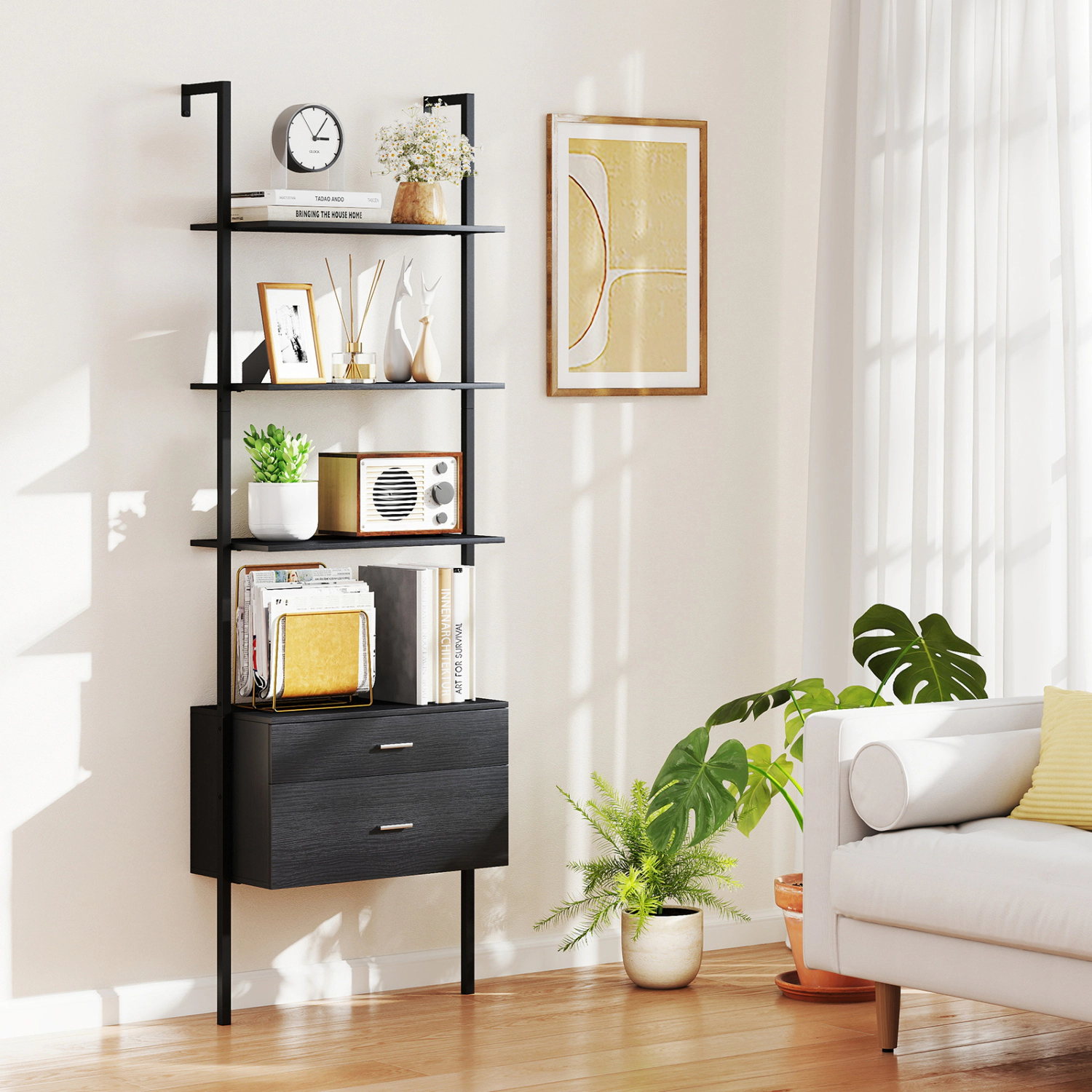 LJG 6-Tier Ladder Bookcase with 2 Drawers and Metal Frame