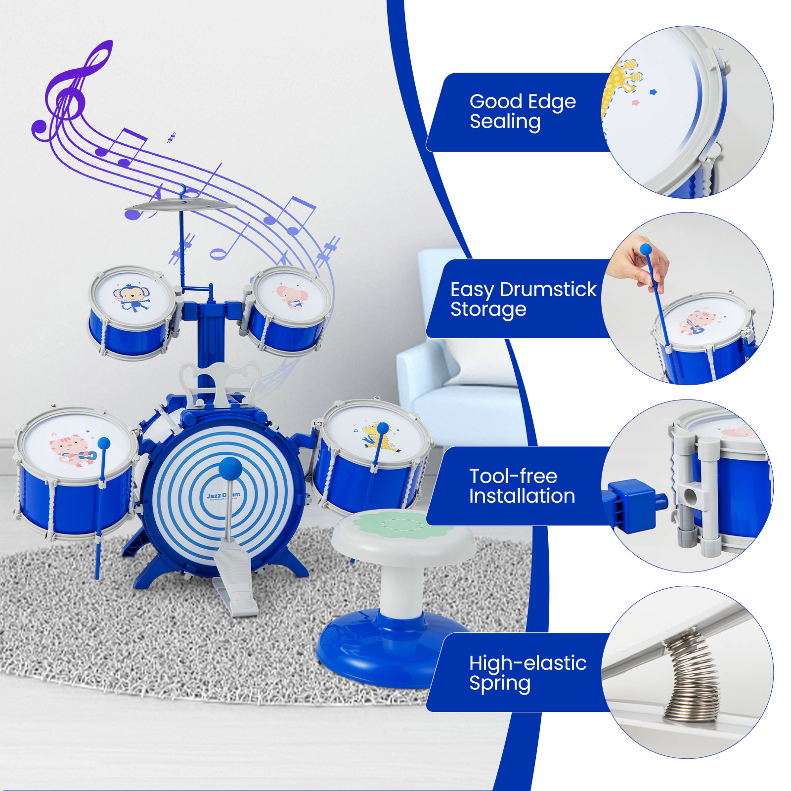 SUGIFT Blue 5-Drum and Cymbal Percussion Kids Drum Set with Stool Anti-Slip Foot Pedal and Drumstick Slots