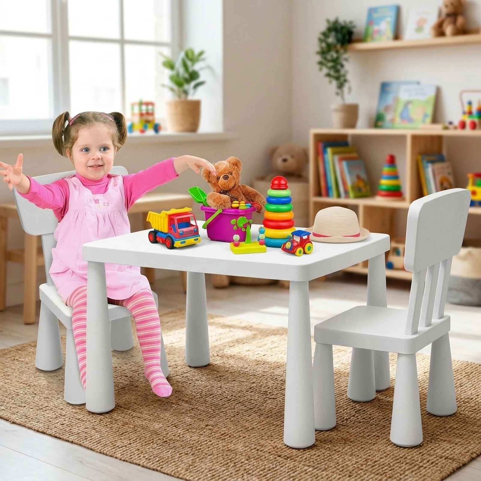 SUGIFT Kids Table and Chair Set, 3-Piece White PP Toddler Dining and Study Set, 19-Inch Table with 2 Chairs