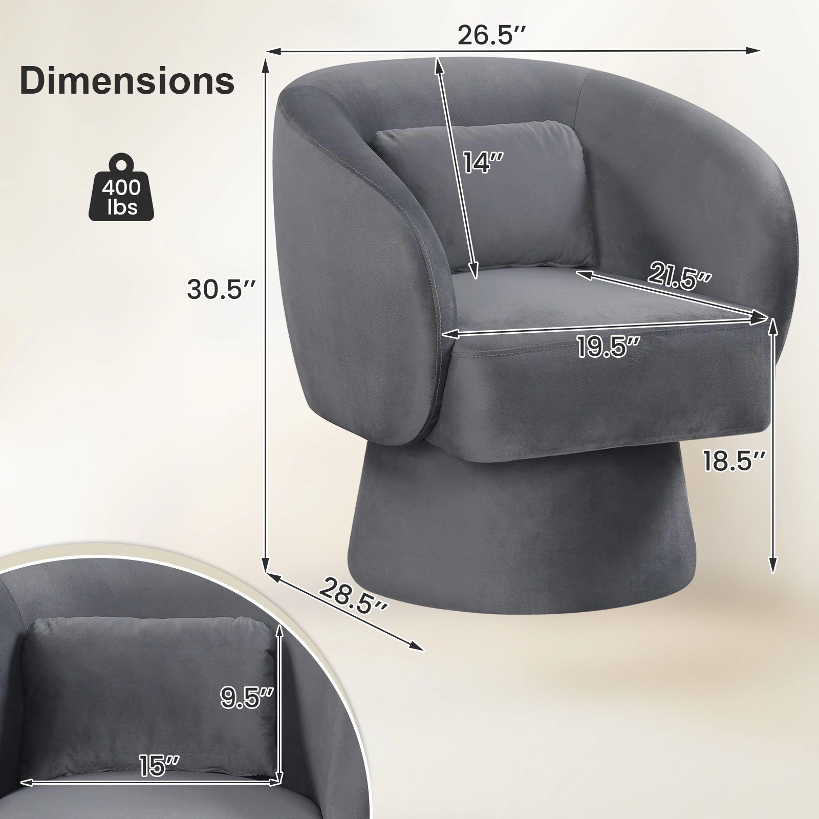 SlickBlue Unisex 360° Swivel Accent Chair with Lumbar Pillow