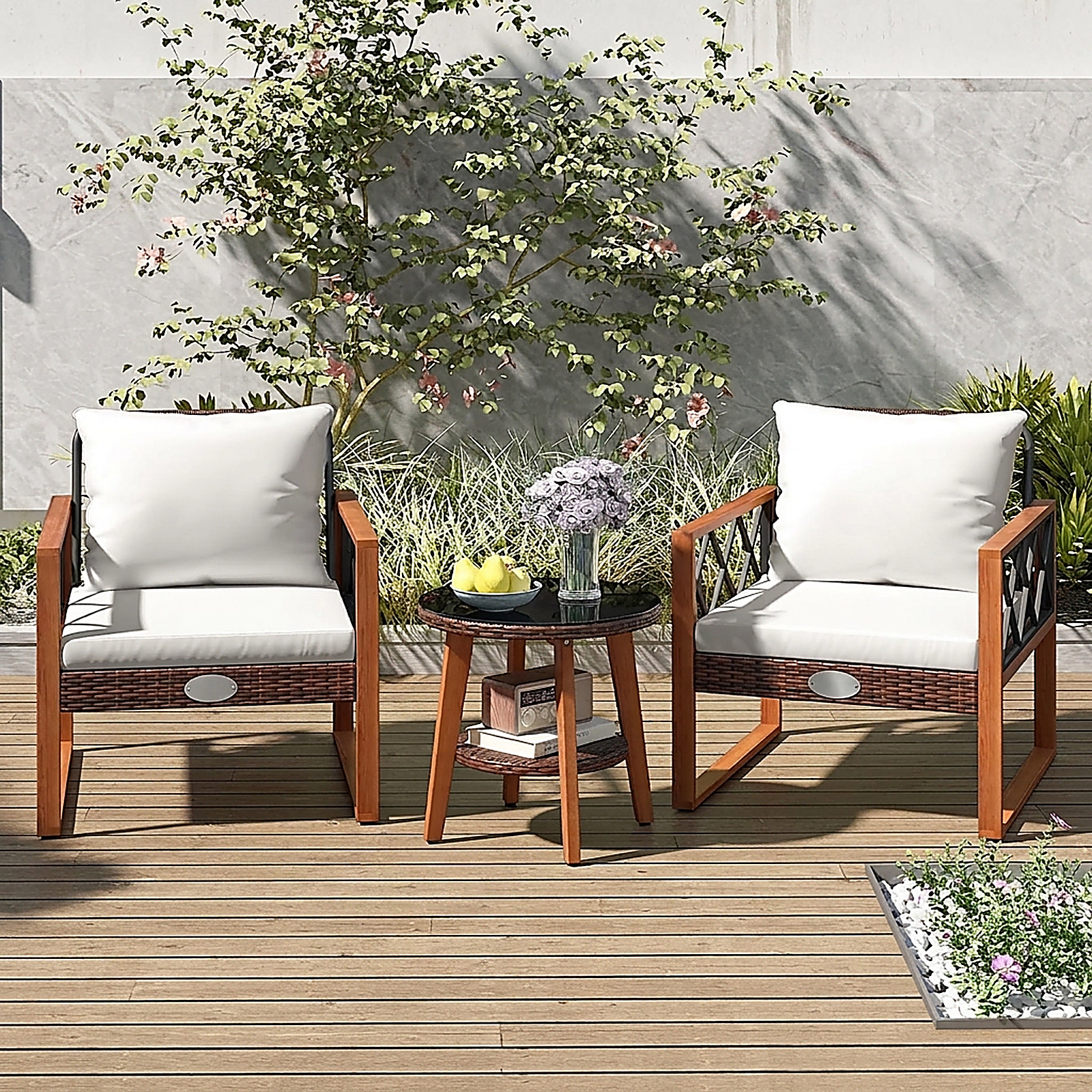 SUGIFT 3-Piece Off-White Patio Bistro Set, 2 Cushioned Rattan Chairs and Tempered Glass Table
