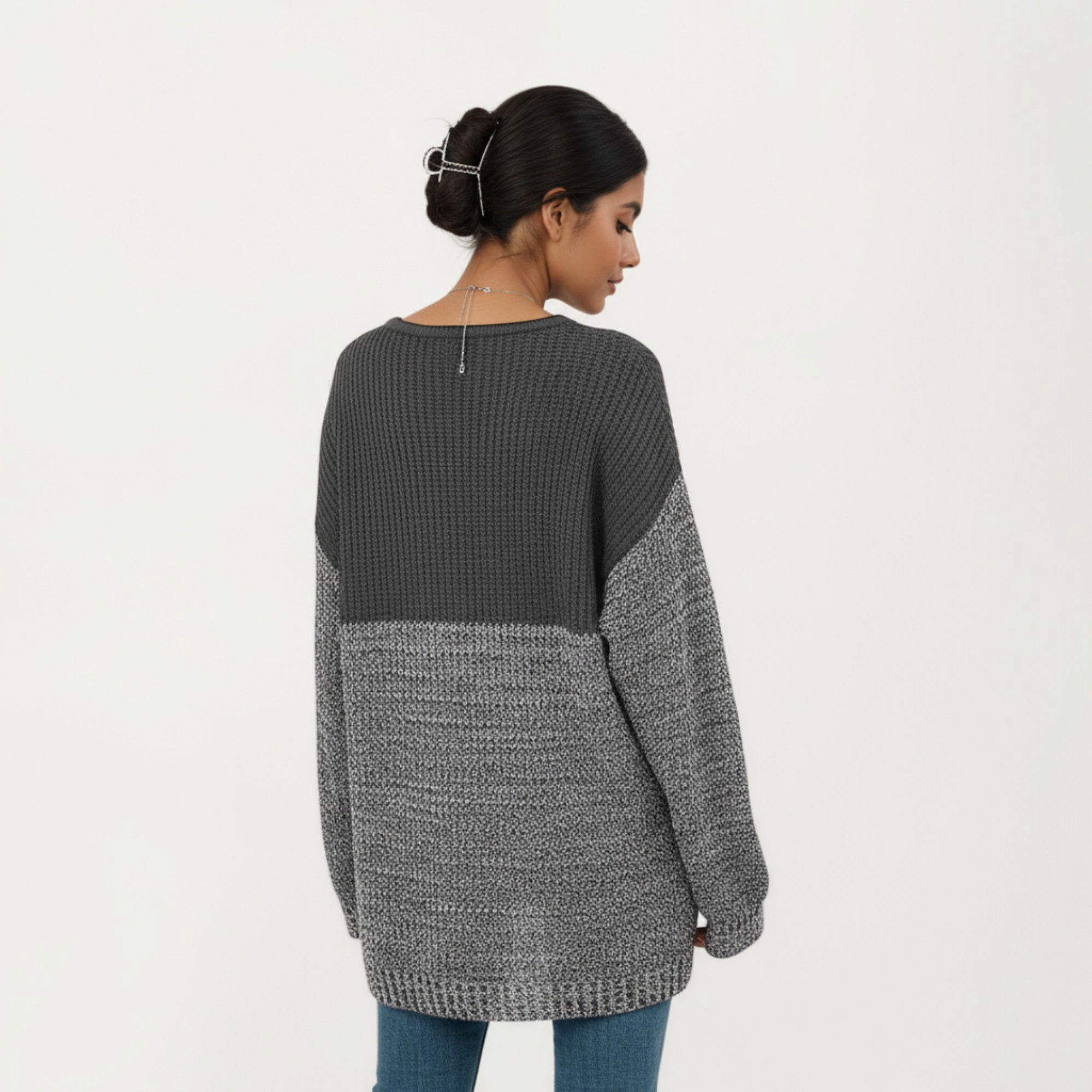 Anna-Kaci Women's Colorblock Waffle Marled Stitch Long Sleeve Knit Sweater