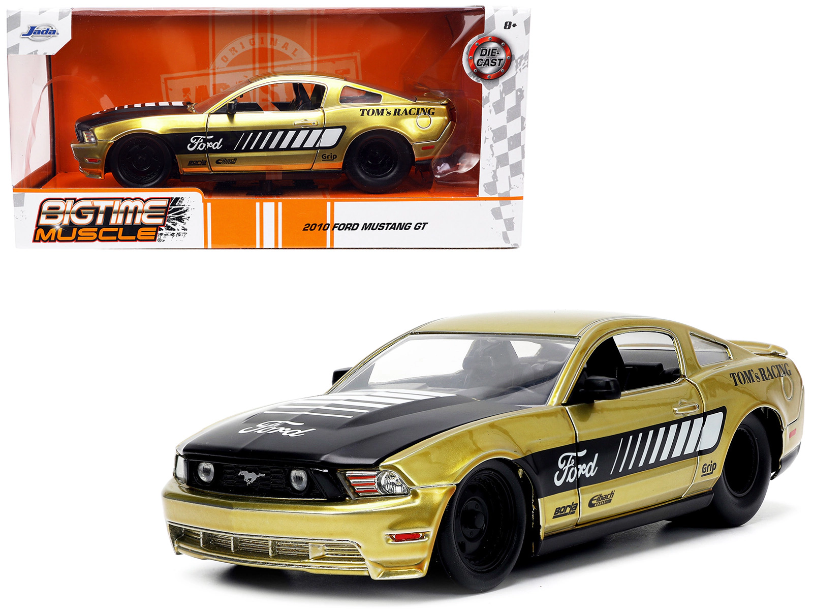 Jada 2010 Ford Mustang GT Gold Metallic with Black Graphics and Hood "Tom's Racing" "Bigtime Muscle" Series
