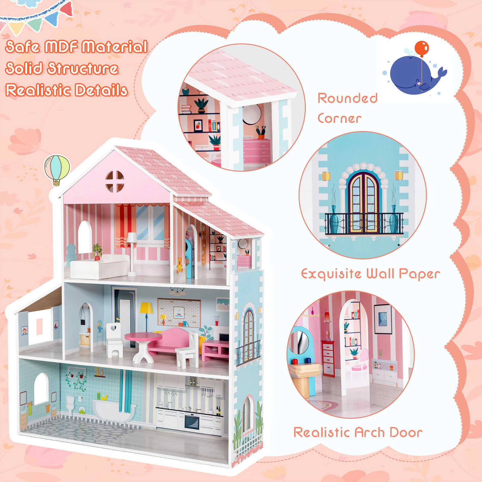 3-Tier Doll House with 8 Furniture Pieces 6 Rooms MDF Wooden Dollhouse 34.25-in Tall with Colorful Wallpaper