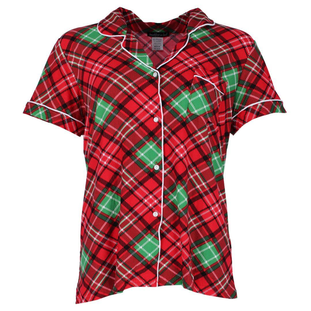 Breakfast Bed Women's Plaid Notch Collar Short Sleeve Pajama Set